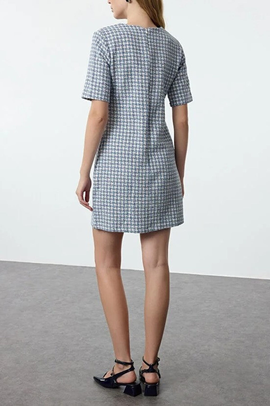 Straight Cut Tweed Woven Dress with Button Detail
