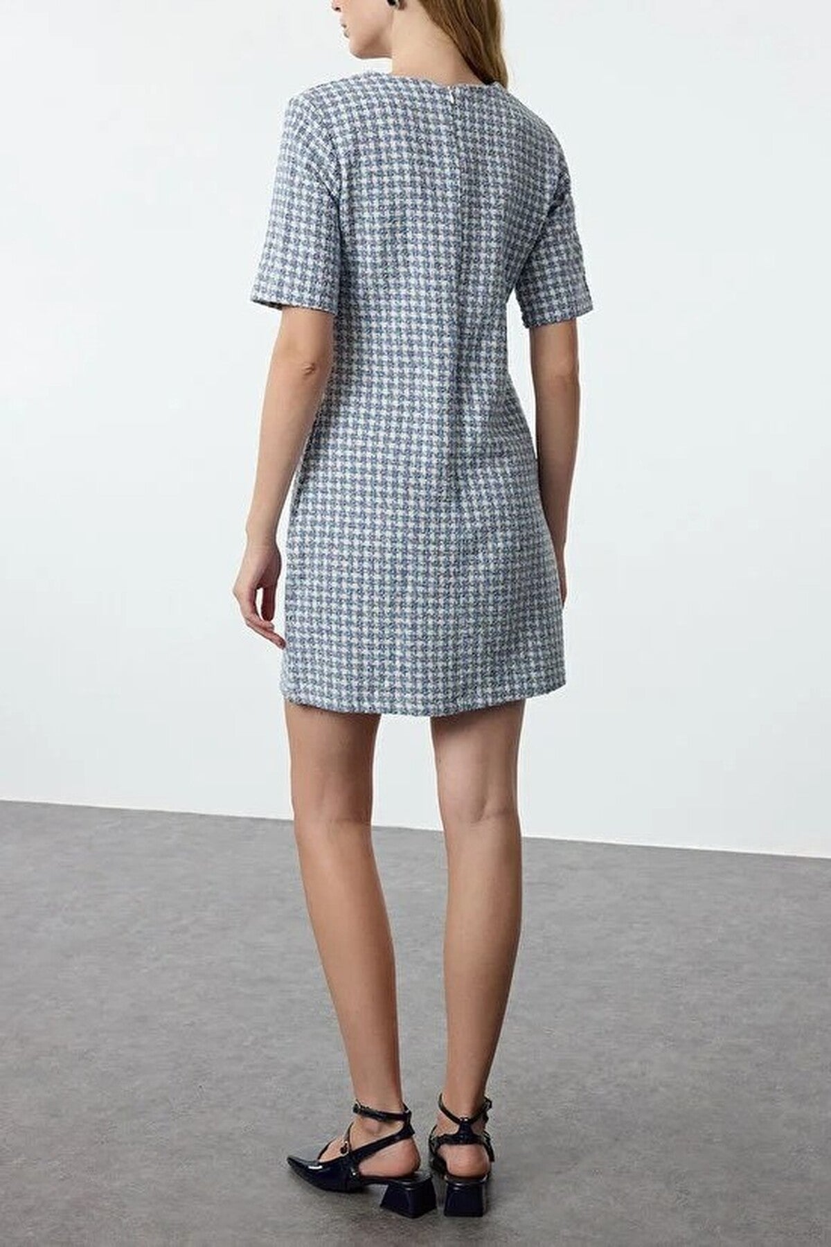 Straight Cut Tweed Woven Dress with Button Detail