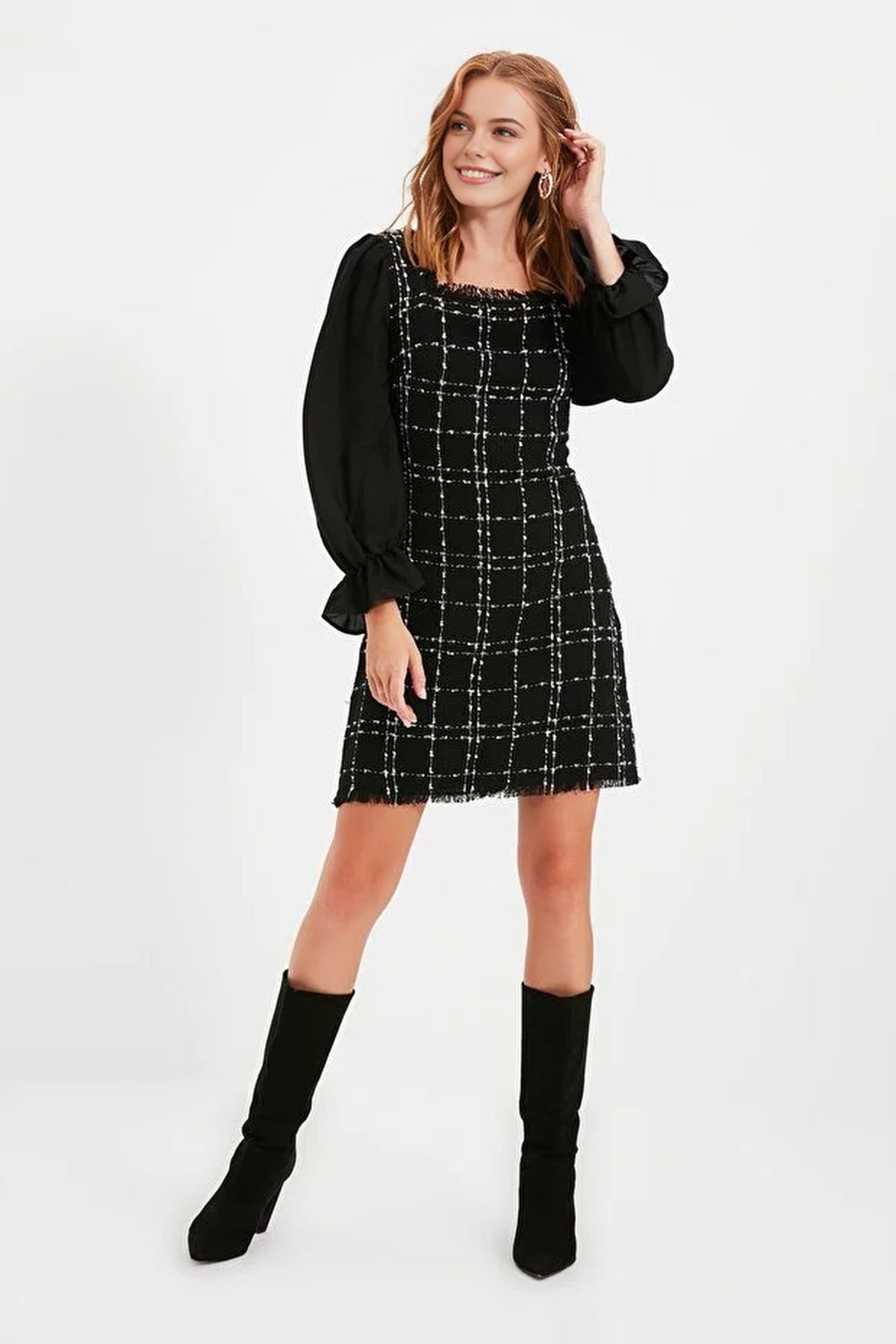 Tweed Argyle A-Line Mini Woven Dress with Chiffon Sleeve Detail