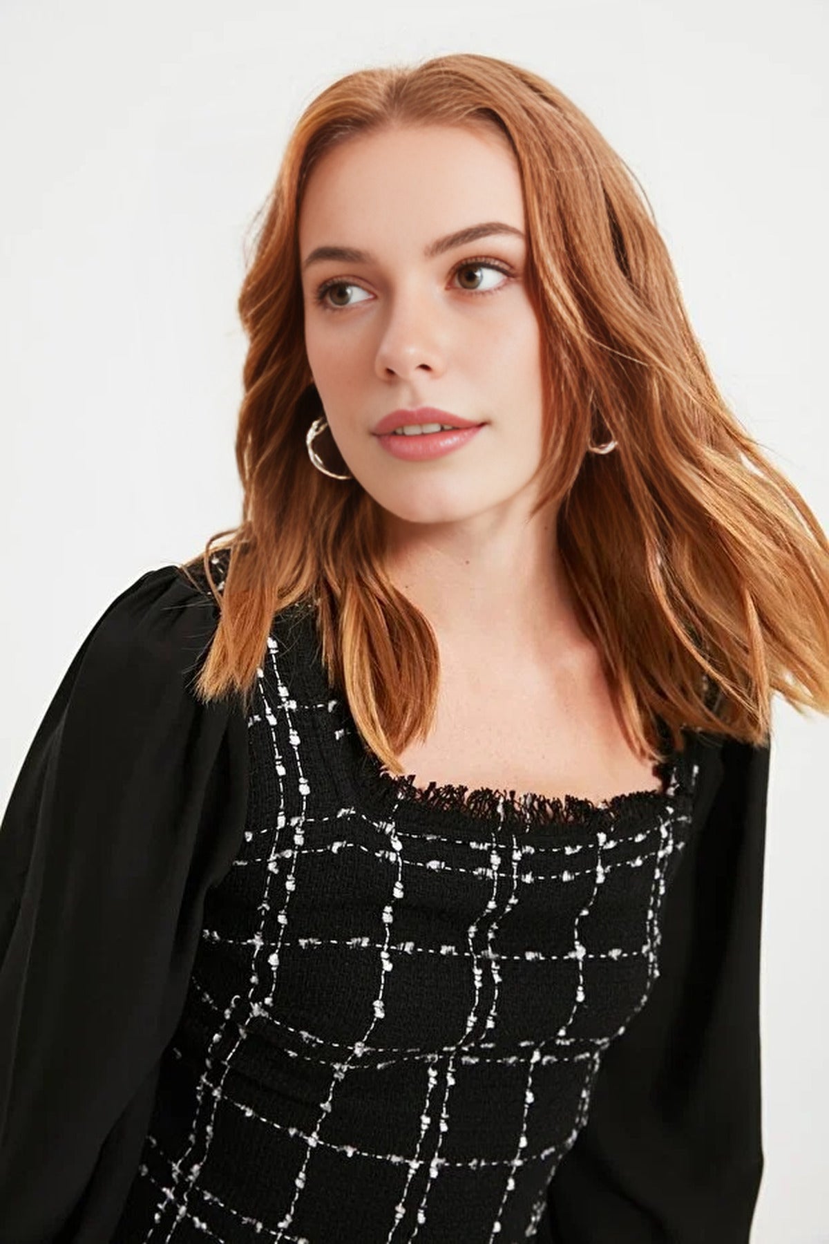 Tweed Argyle A-Line Mini Woven Dress with Chiffon Sleeve Detail