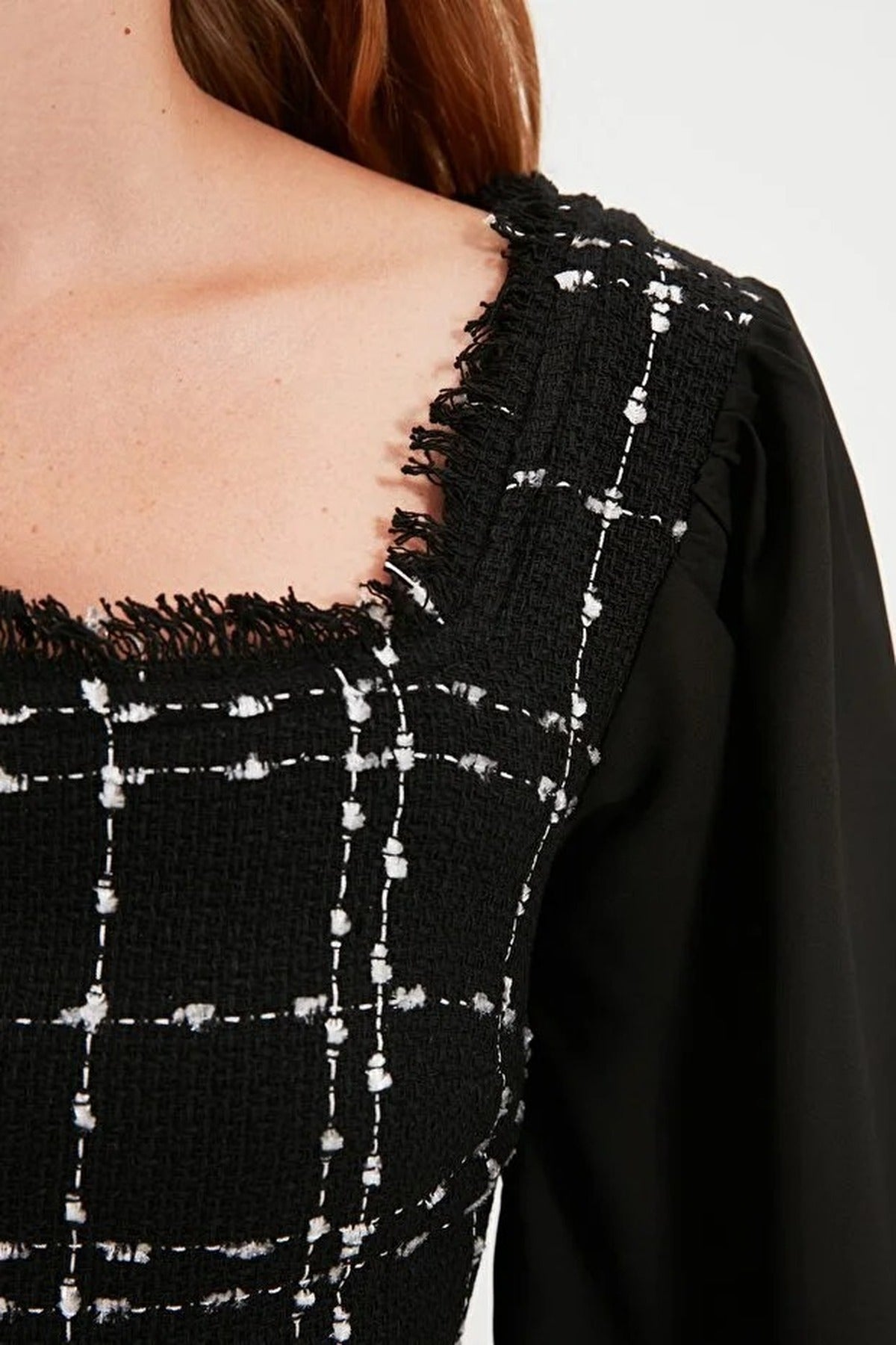 Tweed Argyle A-Line Mini Woven Dress with Chiffon Sleeve Detail