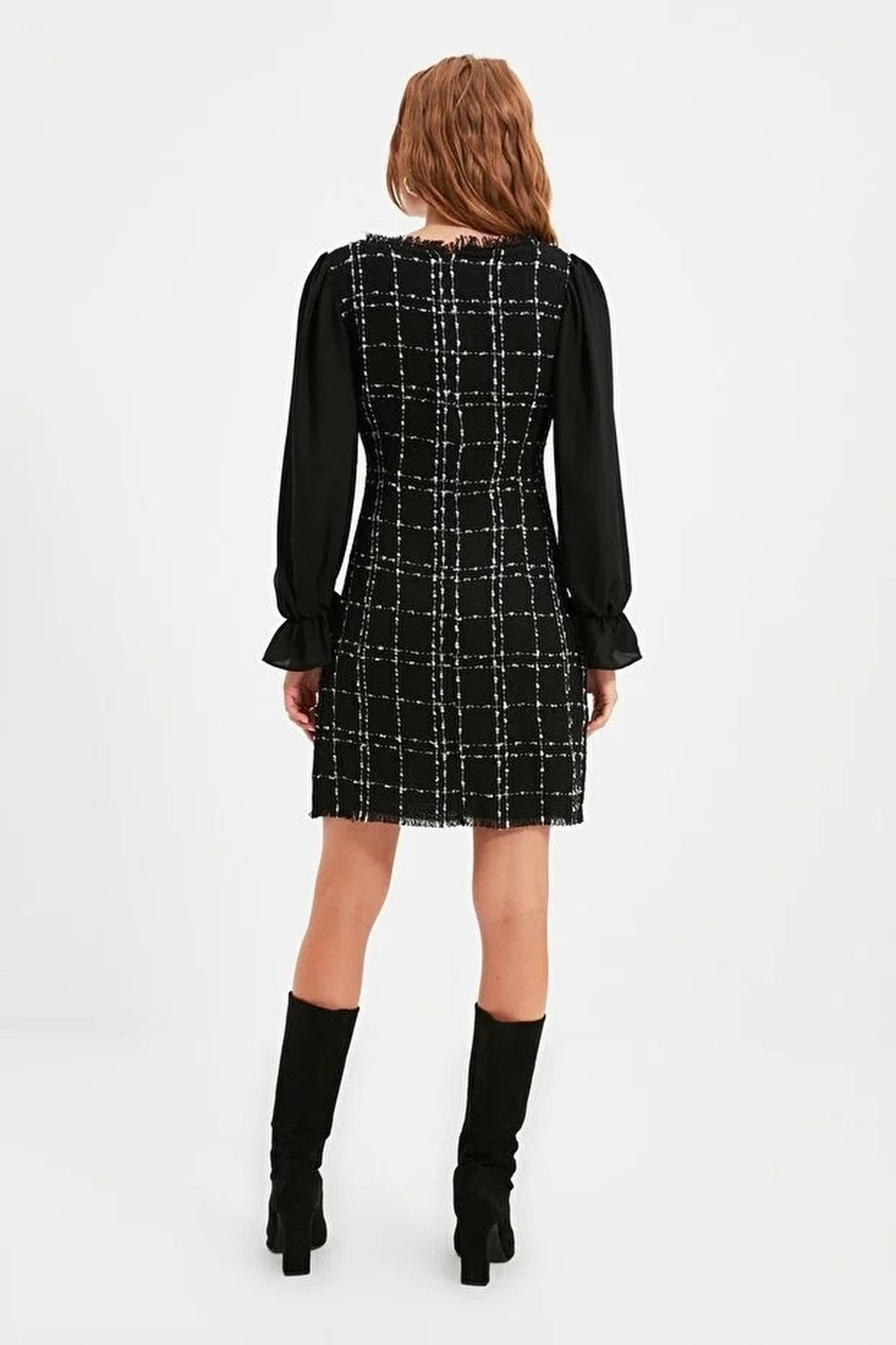 Tweed Argyle A-Line Mini Woven Dress with Chiffon Sleeve Detail