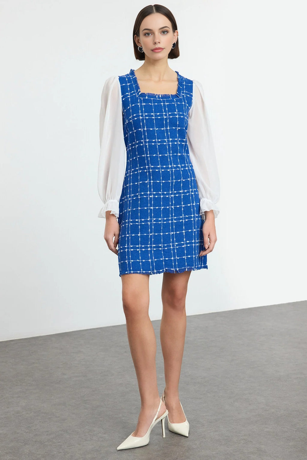 Tweed Argyle A-Line Mini Woven Dress with Chiffon Sleeve Detail