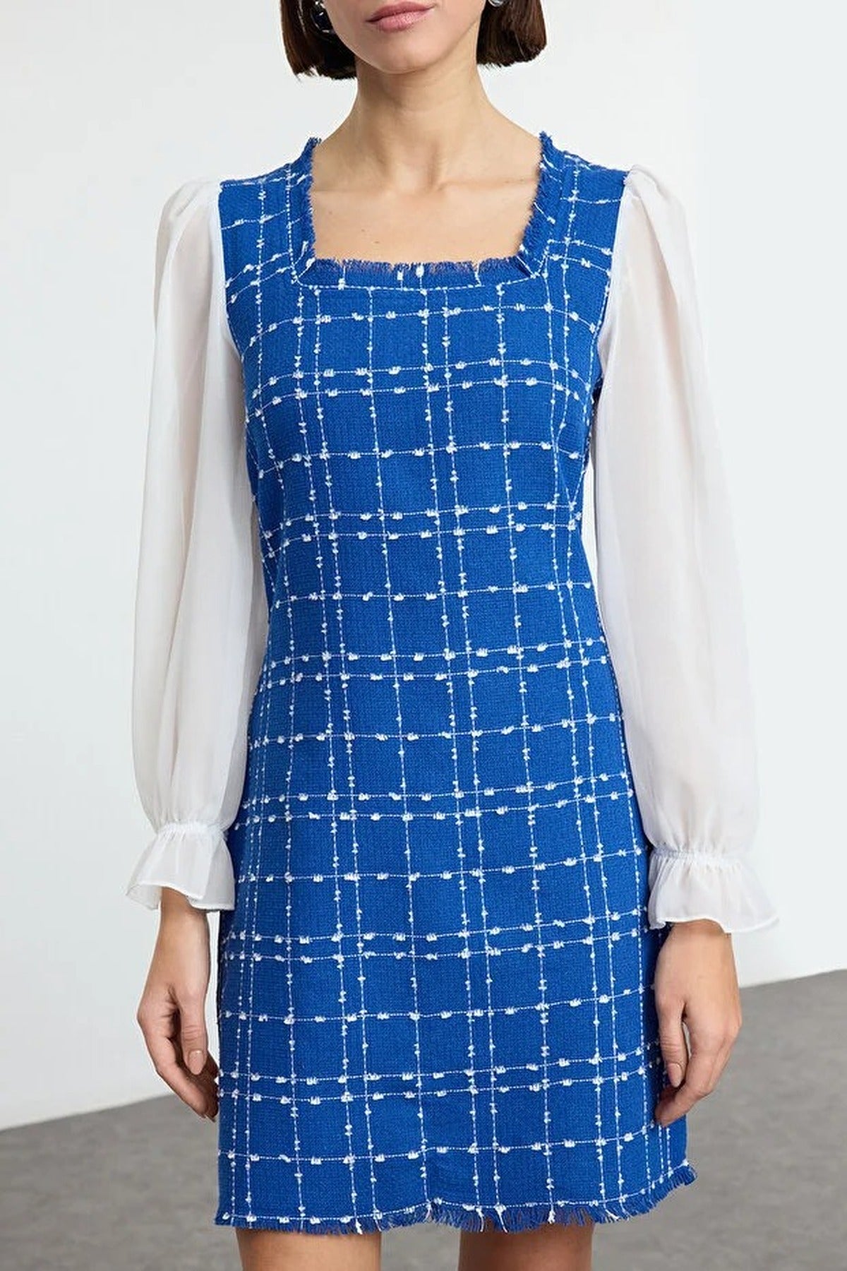 Tweed Argyle A-Line Mini Woven Dress with Chiffon Sleeve Detail