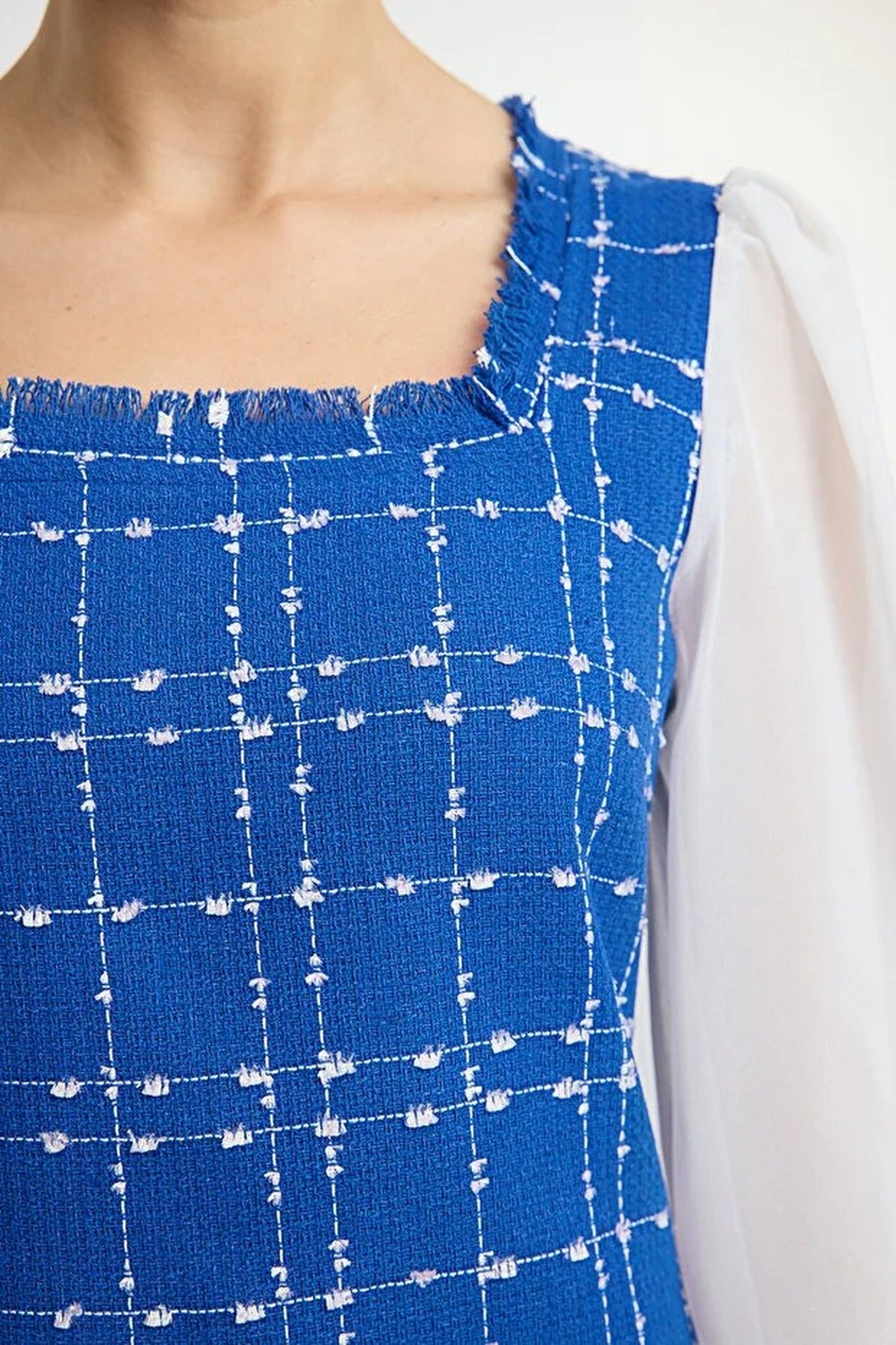 Tweed Argyle A-Line Mini Woven Dress with Chiffon Sleeve Detail