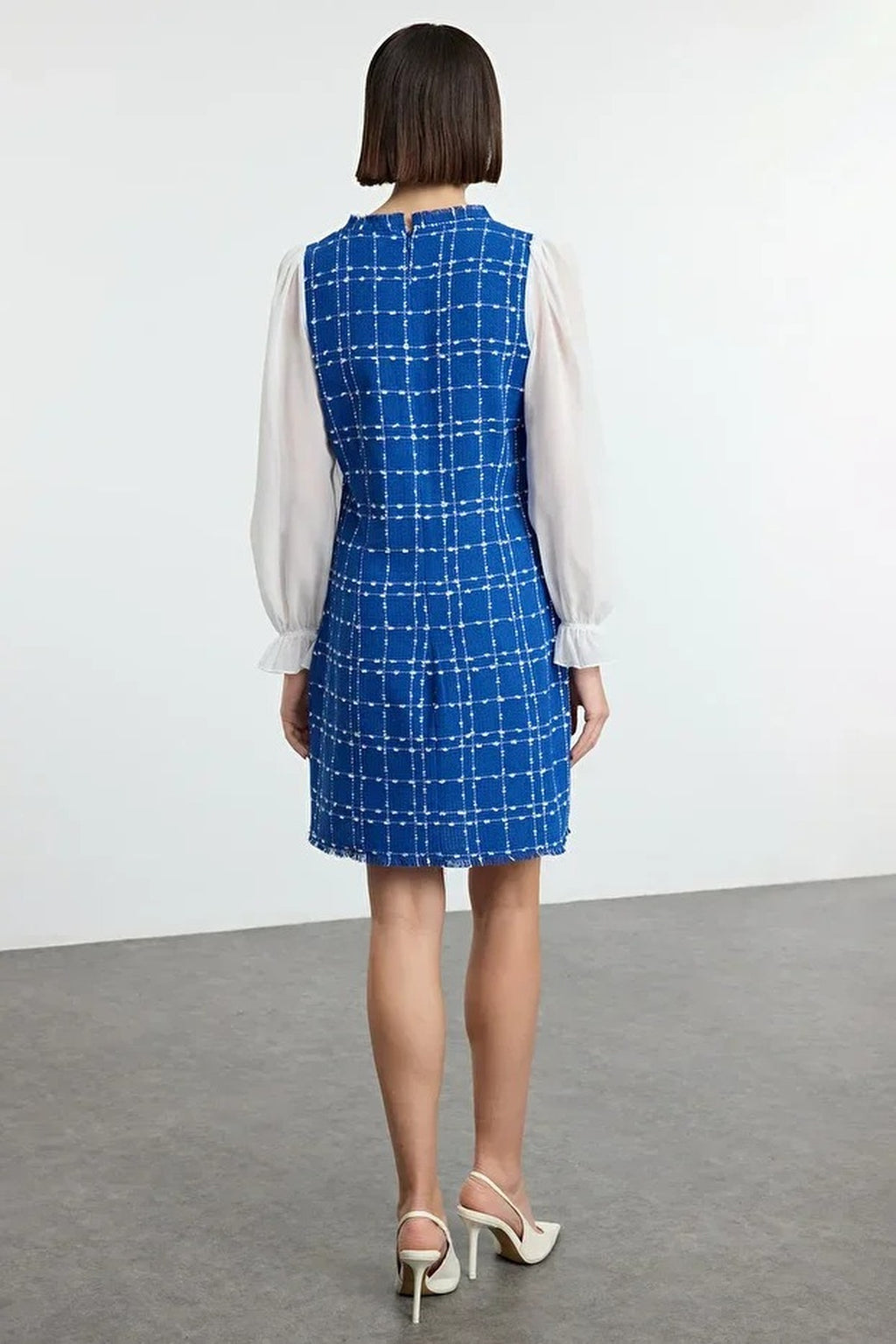 Tweed Argyle A-Line Mini Woven Dress with Chiffon Sleeve Detail