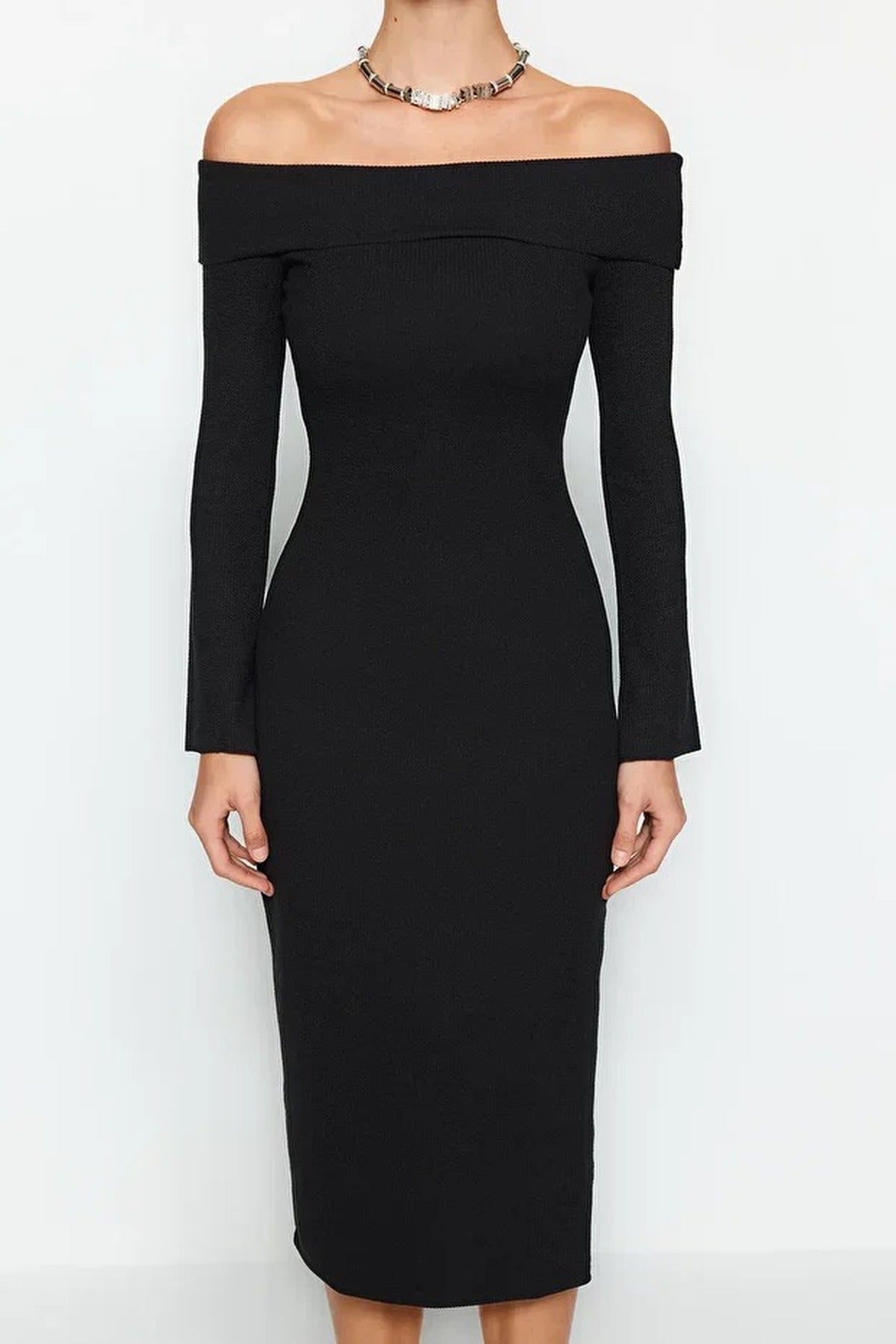 Carmen Collar Soft Textured Midi Knit Pencil Dress