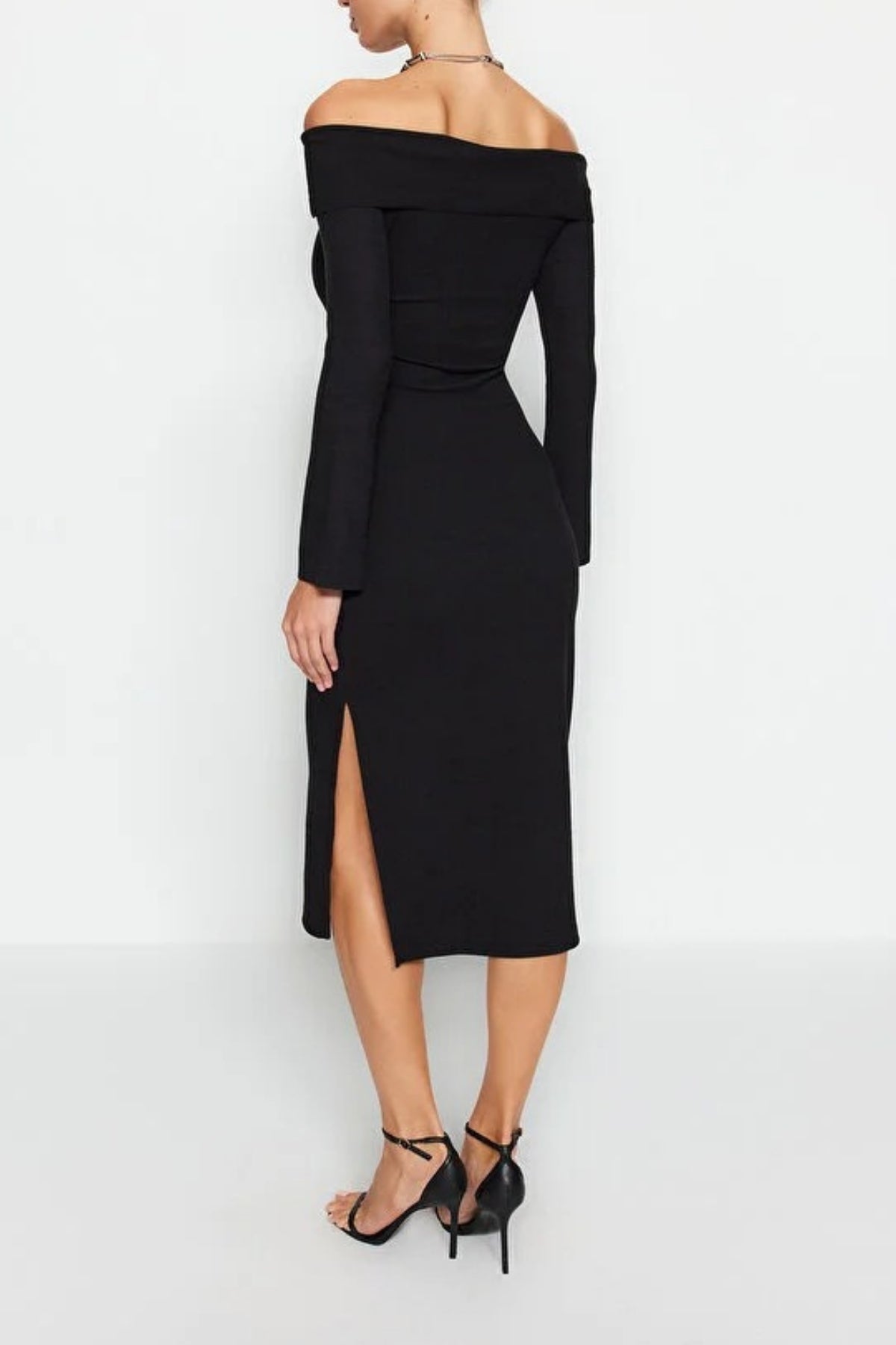 Carmen Collar Soft Textured Midi Knit Pencil Dress