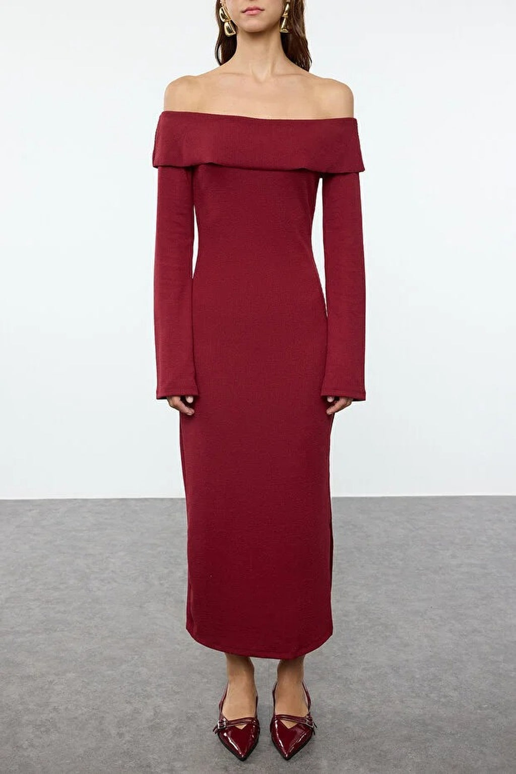 Carmen Collar Soft Textured Midi Knit Pencil Dress