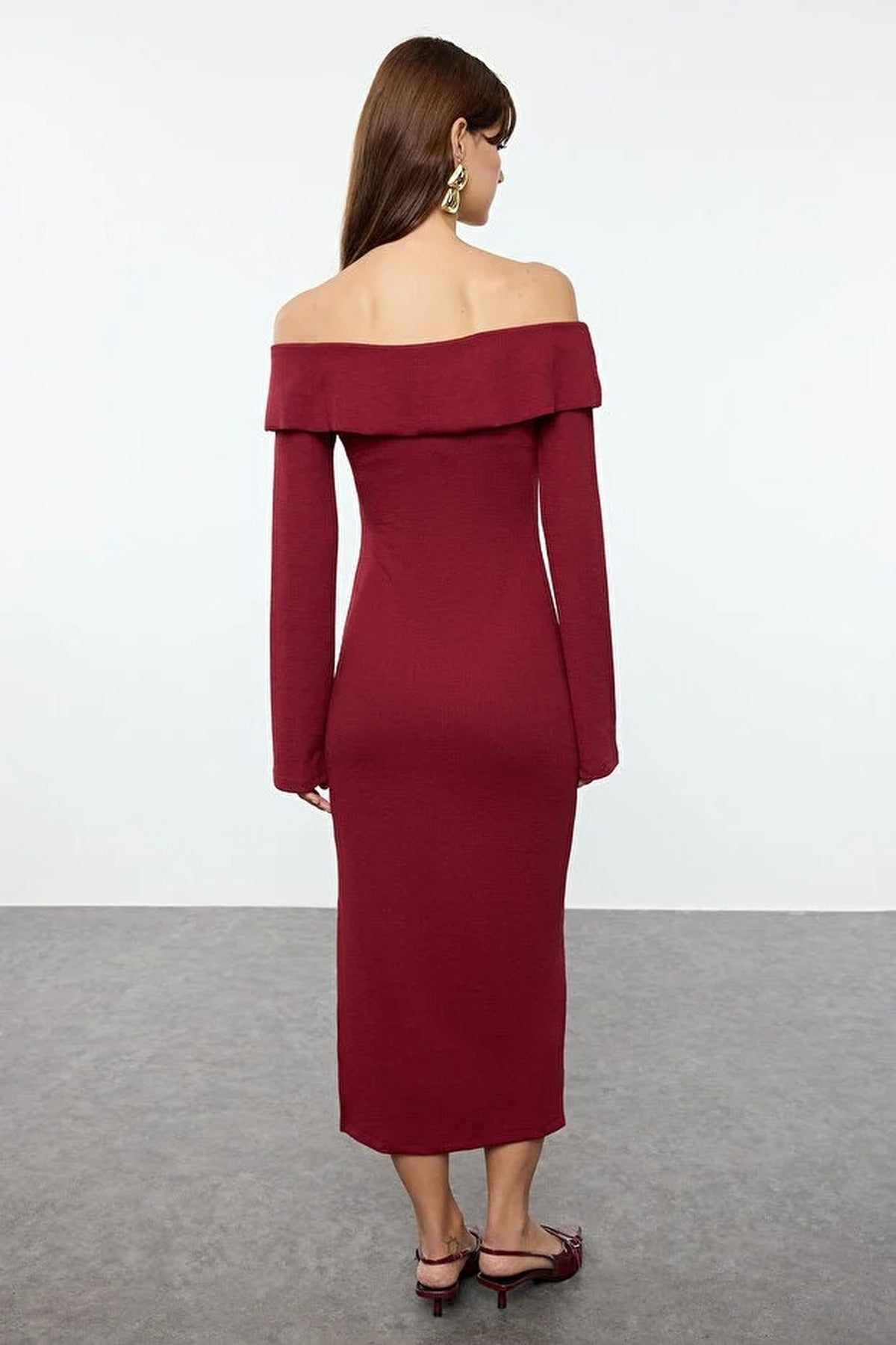 Carmen Collar Soft Textured Midi Knit Pencil Dress