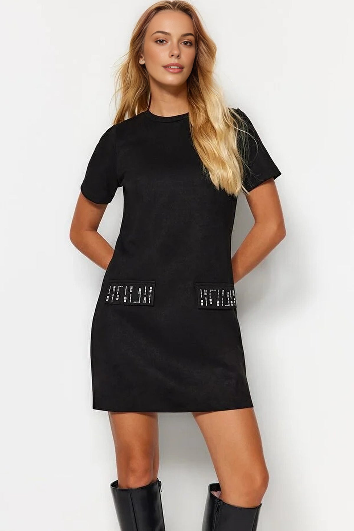 Crew Neck Mini Suede Knit Dress with Stone Detail
