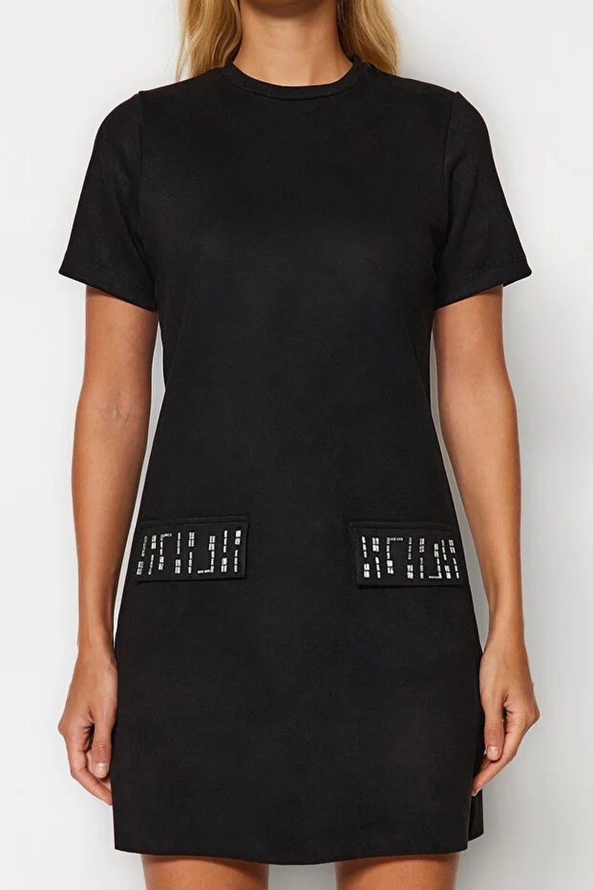 Crew Neck Mini Suede Knit Dress with Stone Detail