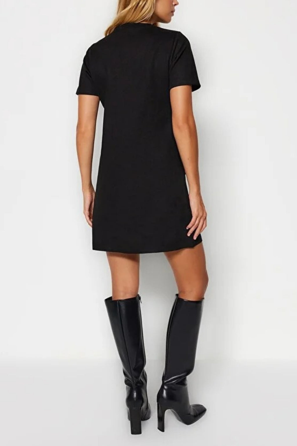 Crew Neck Mini Suede Knit Dress with Stone Detail