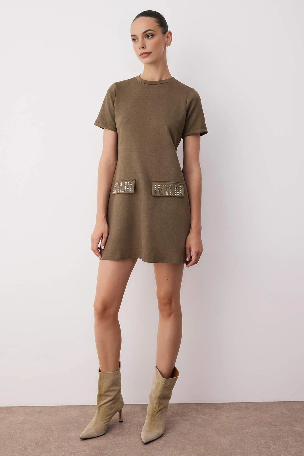 Crew Neck Mini Suede Knit Dress with Stone Detail