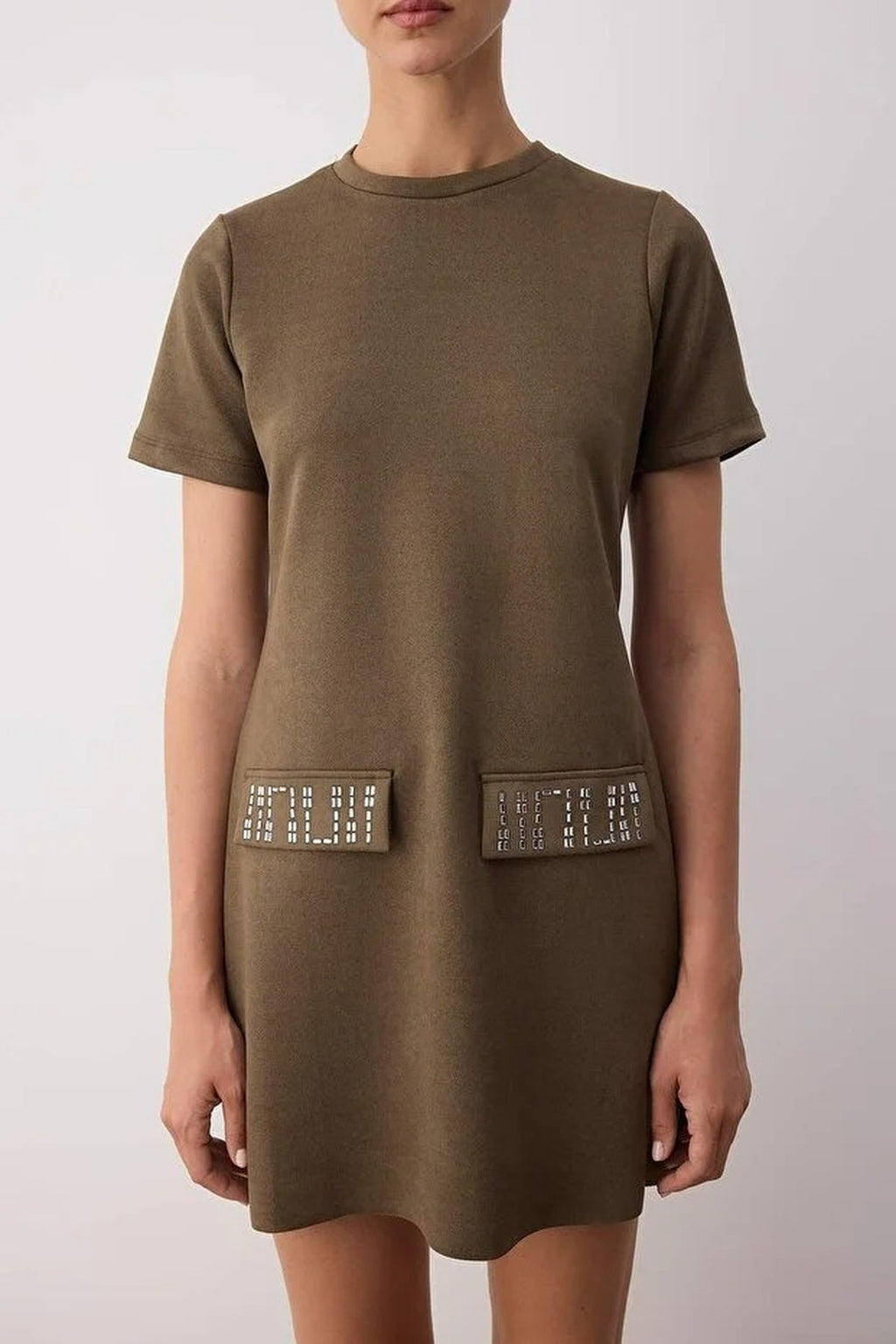Crew Neck Mini Suede Knit Dress with Stone Detail