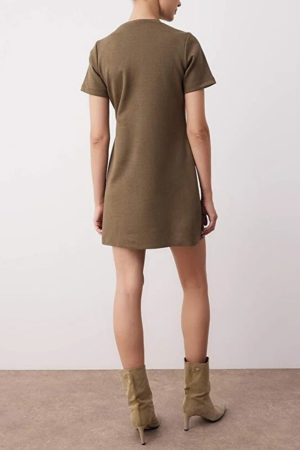Crew Neck Mini Suede Knit Dress with Stone Detail