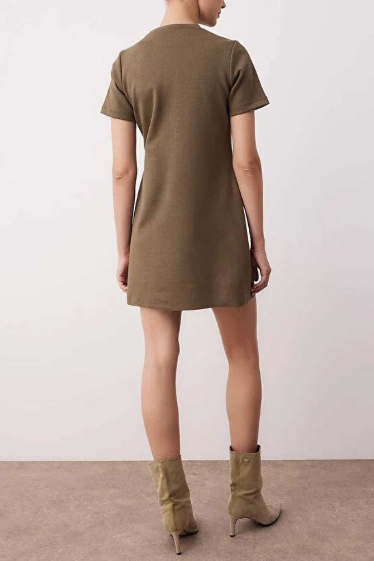 Crew Neck Mini Suede Knit Dress with Stone Detail