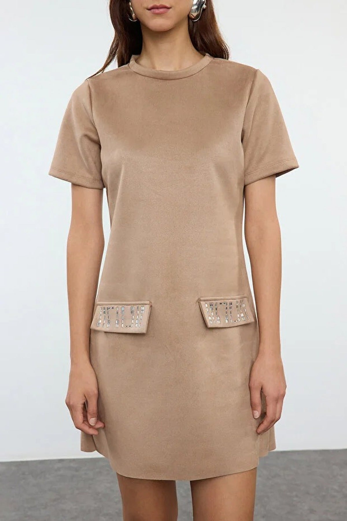 Crew Neck Mini Suede Knit Dress with Stone Detail