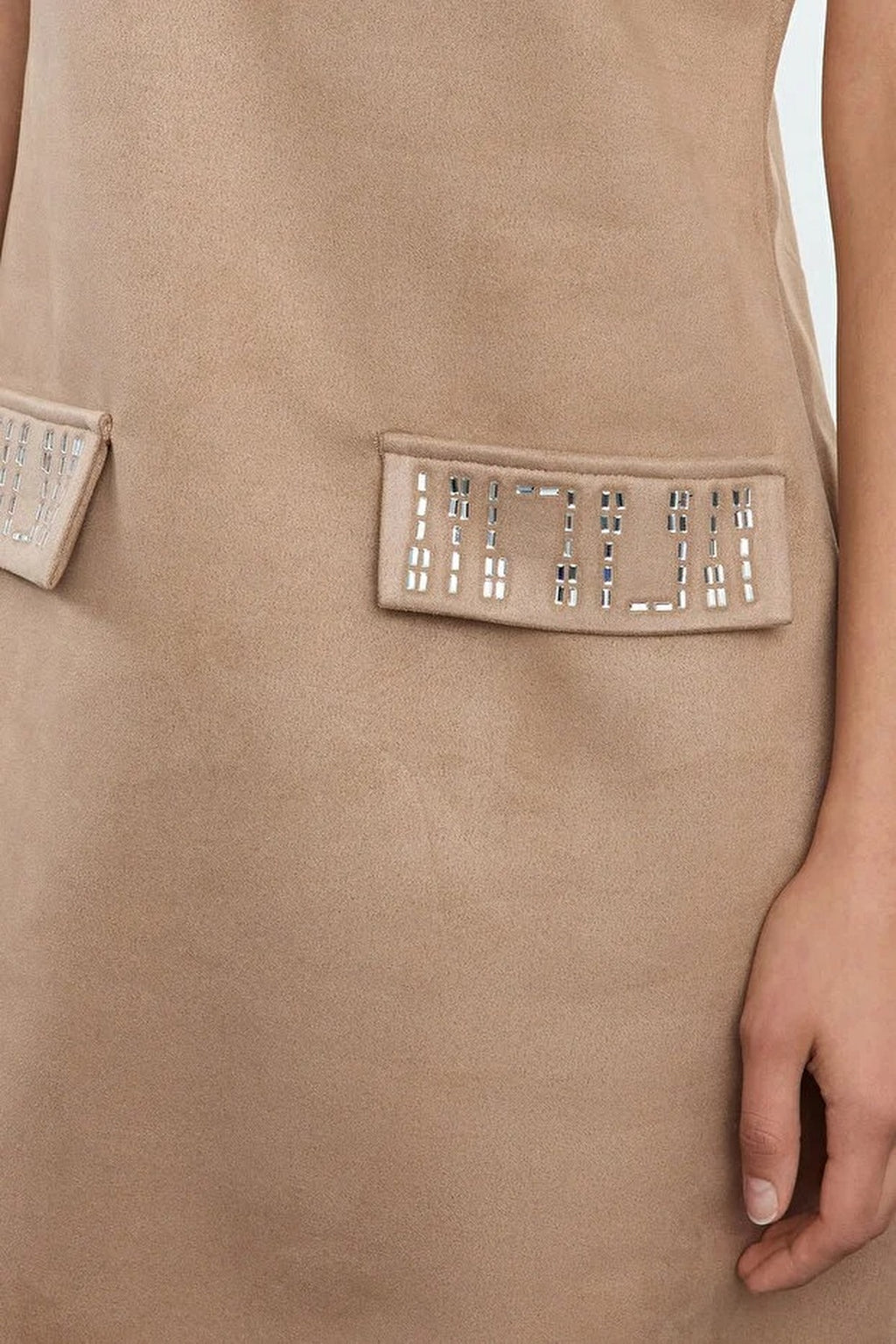 Crew Neck Mini Suede Knit Dress with Stone Detail