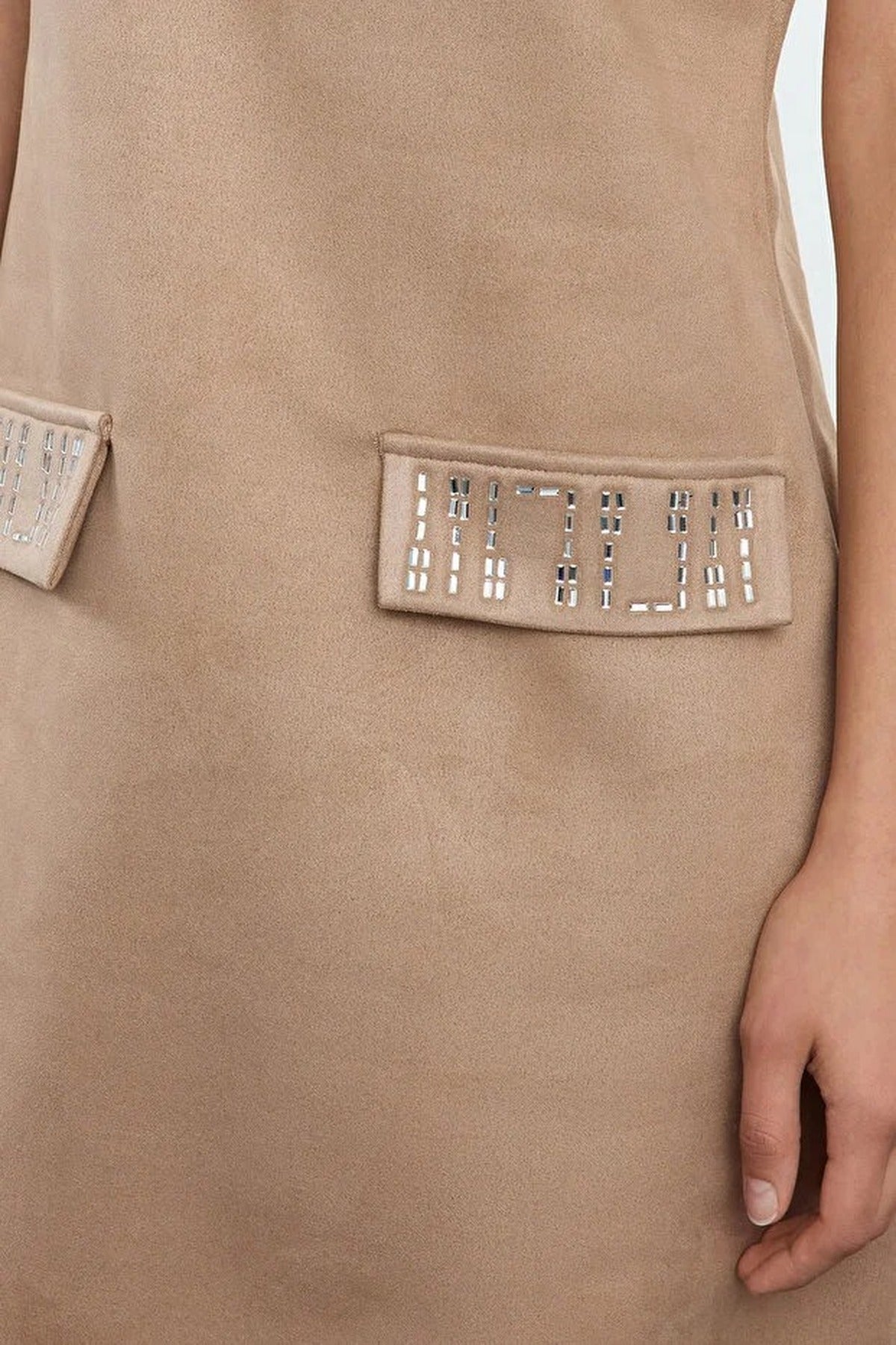 Crew Neck Mini Suede Knit Dress with Stone Detail