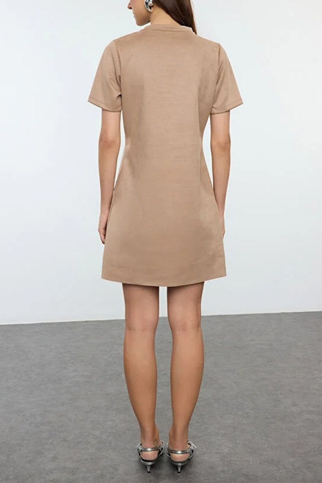 Crew Neck Mini Suede Knit Dress with Stone Detail