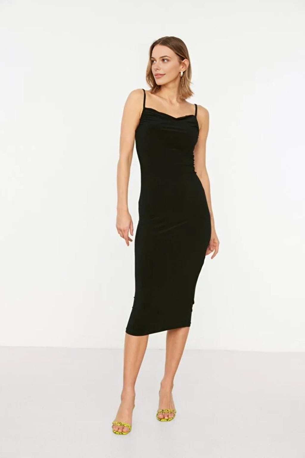 Cowl Neck Stretch Knit Midi Dress