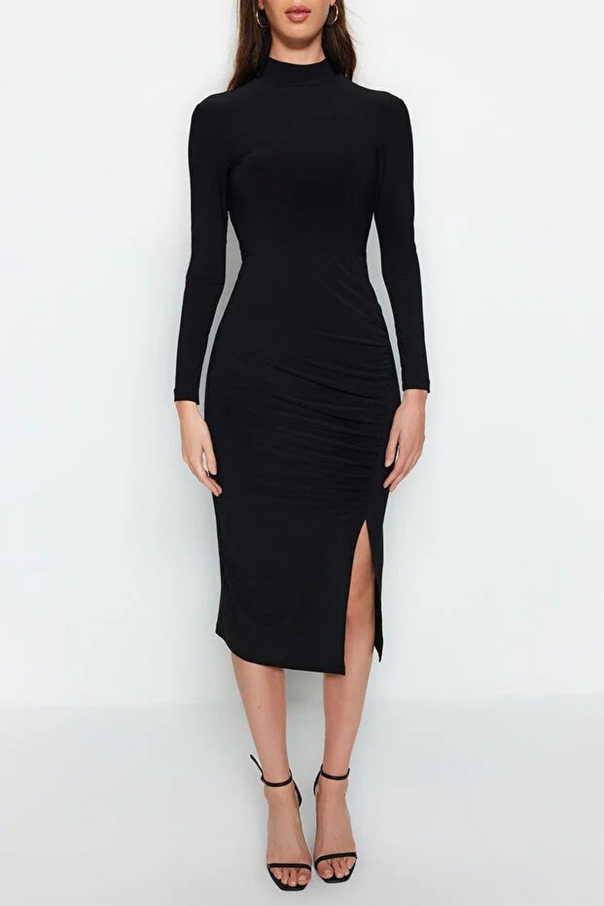 Stand Collar Fitted Midi Knit Dress with Slit & Drape Detail
