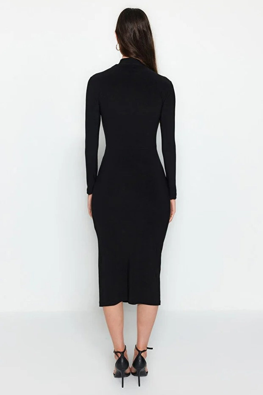 Stand Collar Fitted Midi Knit Dress with Slit & Drape Detail