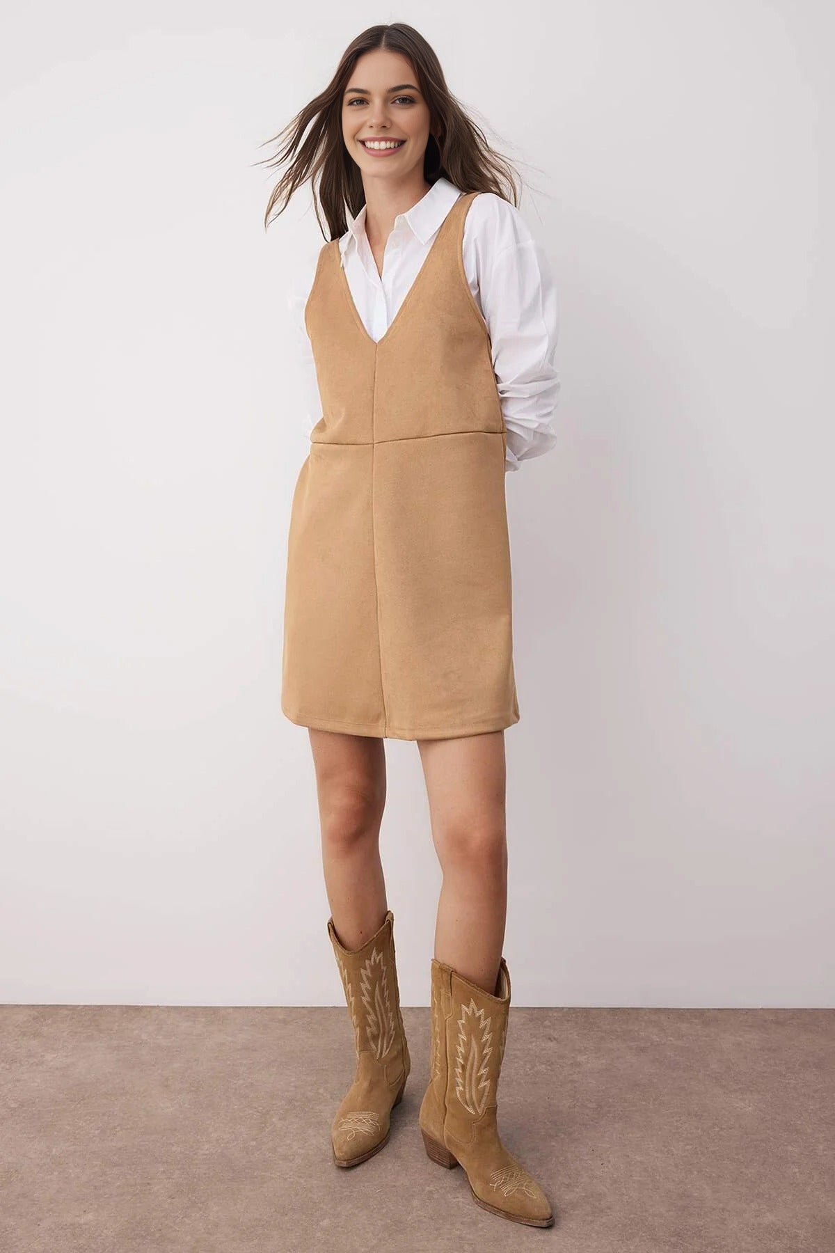 V-Neck Vest Suede Mini Knit Dress