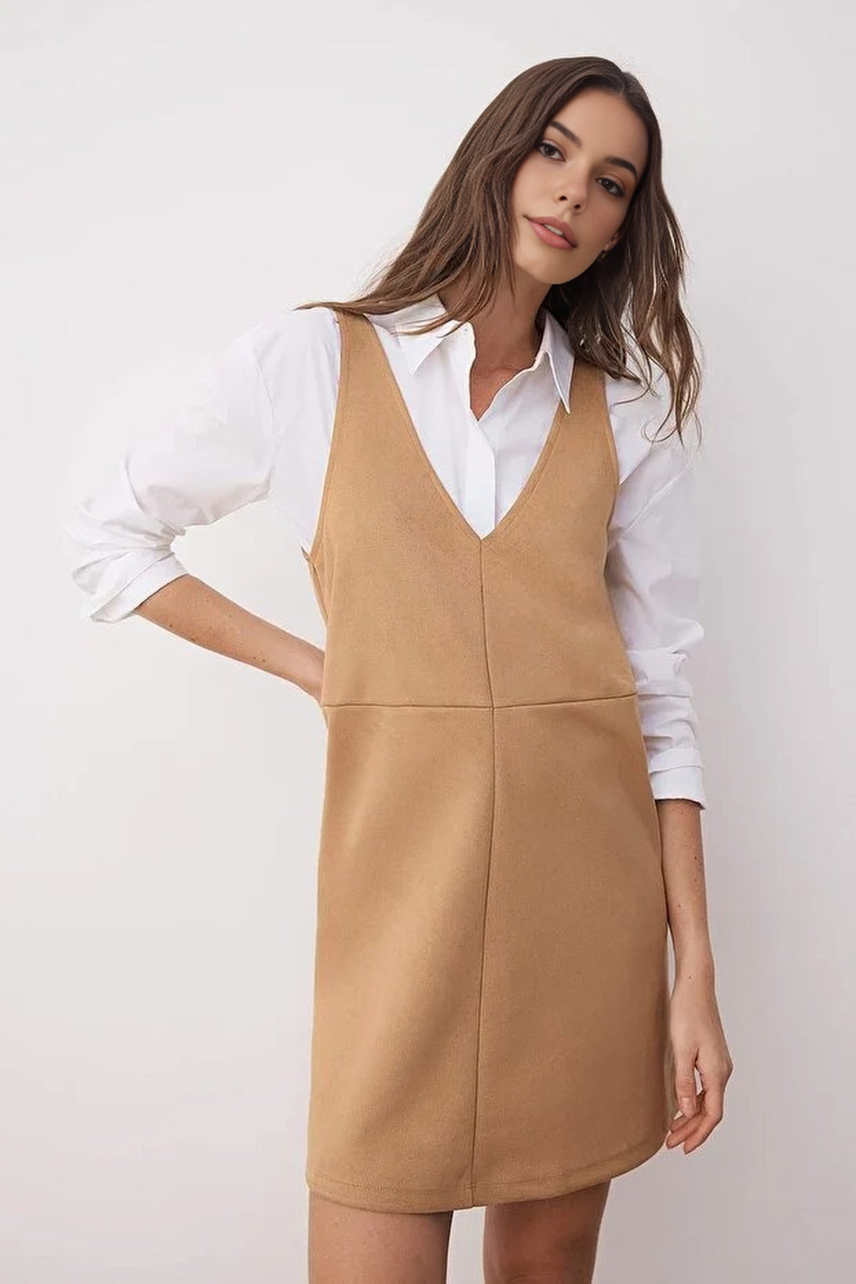 V-Neck Vest Suede Mini Knit Dress