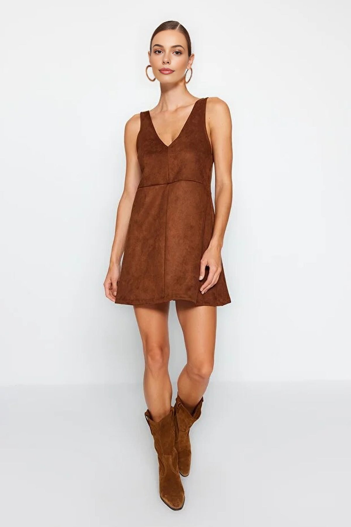 V-Neck Vest Suede Mini Knit Dress