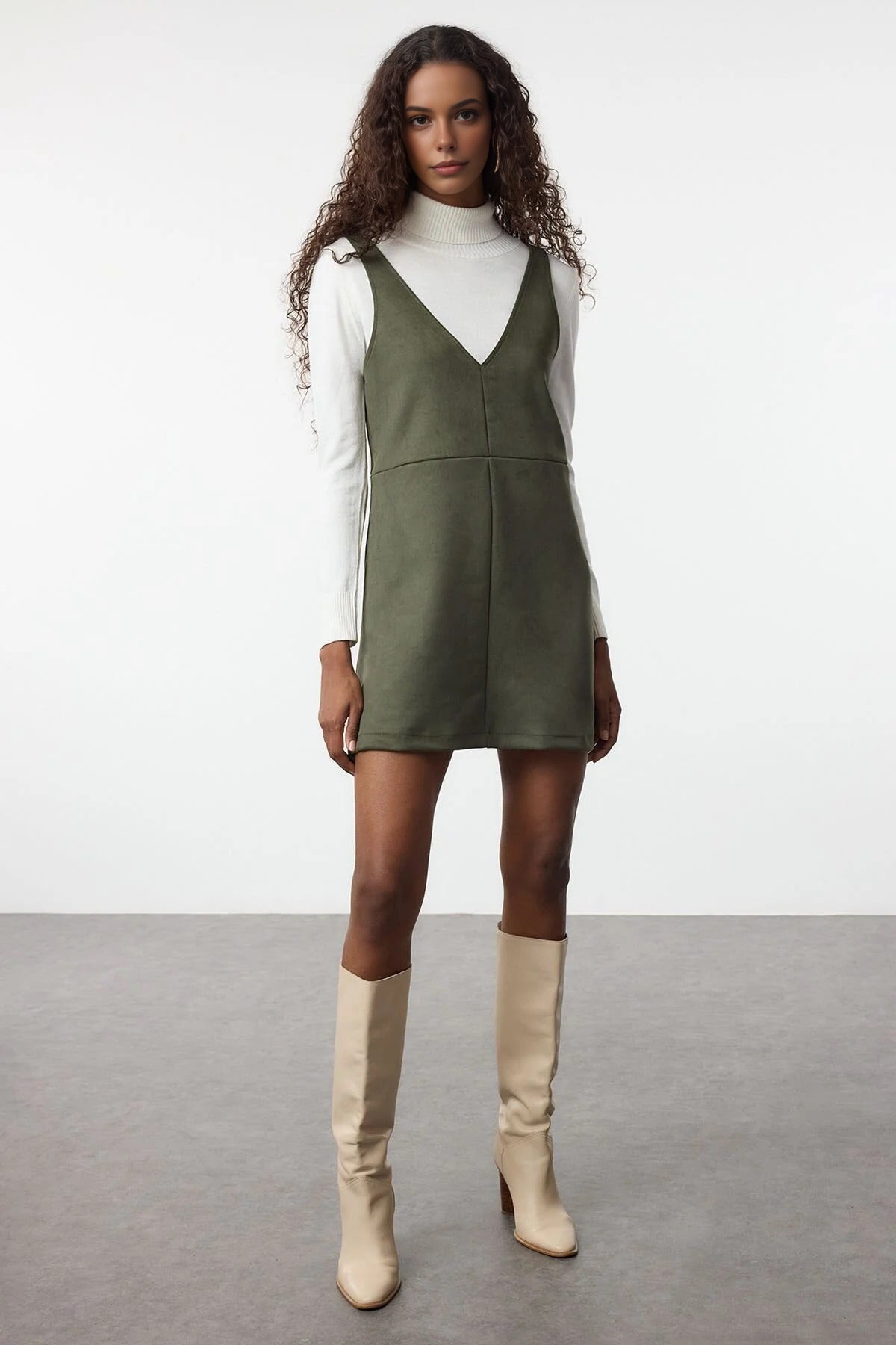 V-Neck Vest Suede Mini Knit Dress