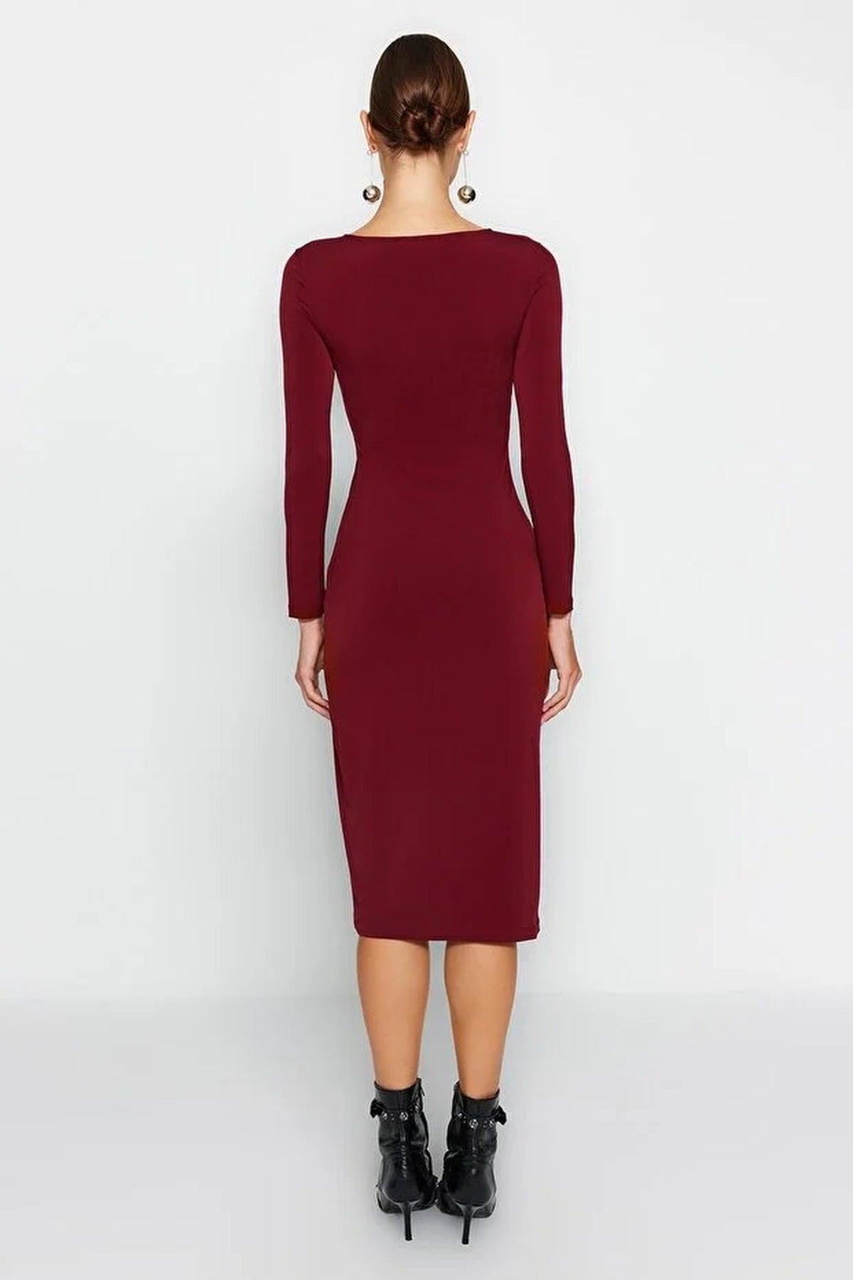 Asymmetrical Neck Long Sleeve Midi Knit Pencil Dress with Slit Detail