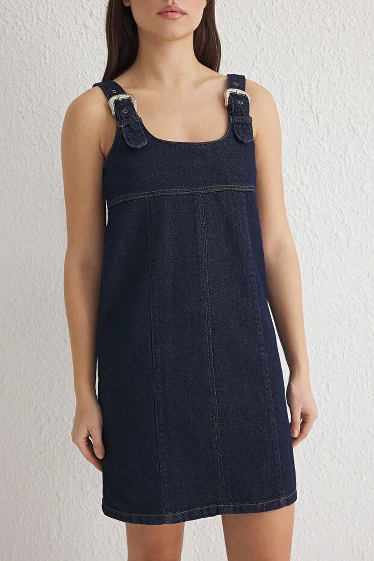 Blue Buckled Adjustable Strap Mini Denim Dress