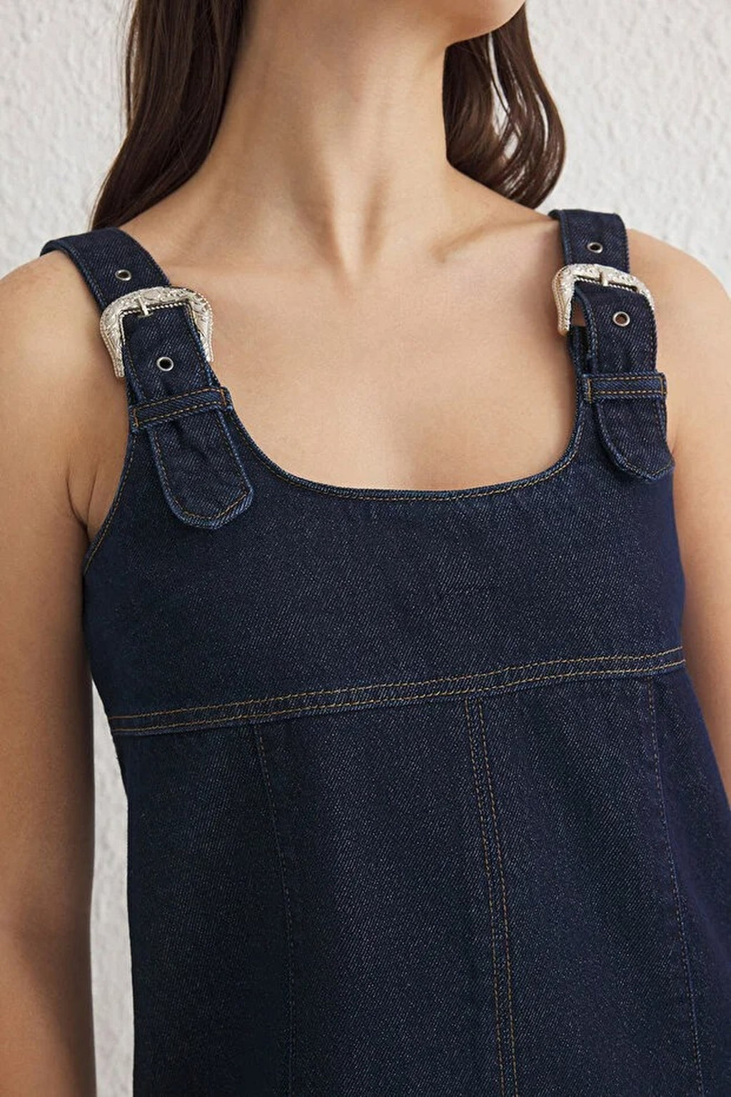 Blue Buckled Adjustable Strap Mini Denim Dress