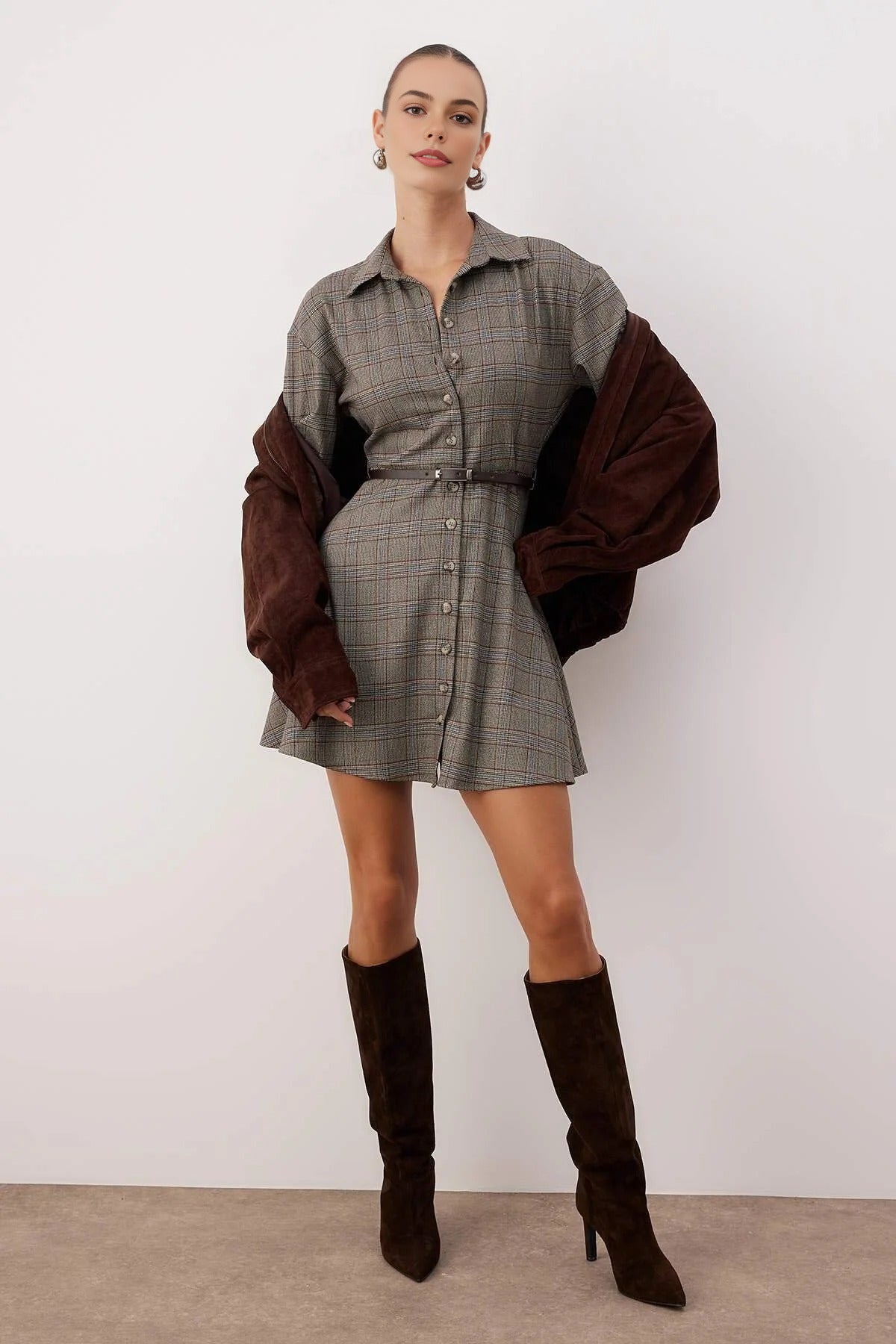 Belted Argyle Belted Mini Woven Dress