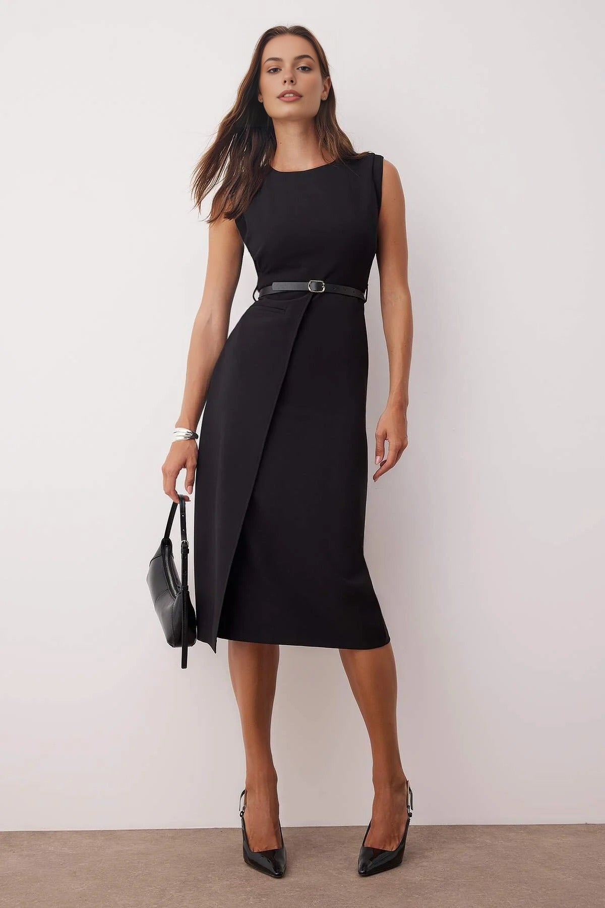 Belt Detailed Woven Midi Dress