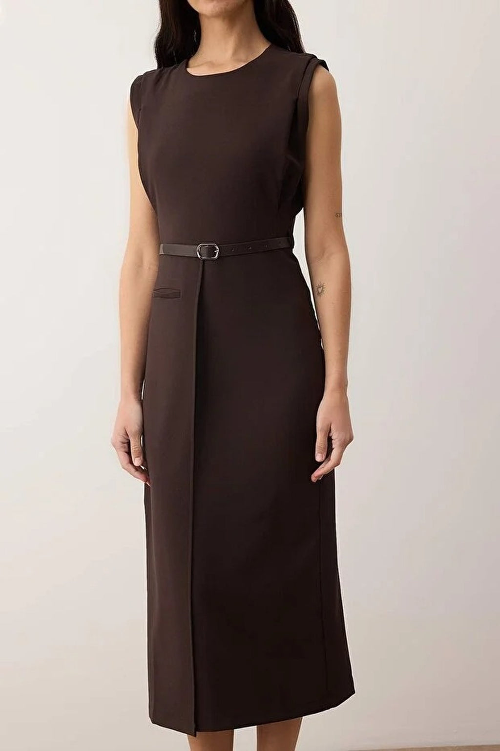 Belt Detailed Woven Midi Dress