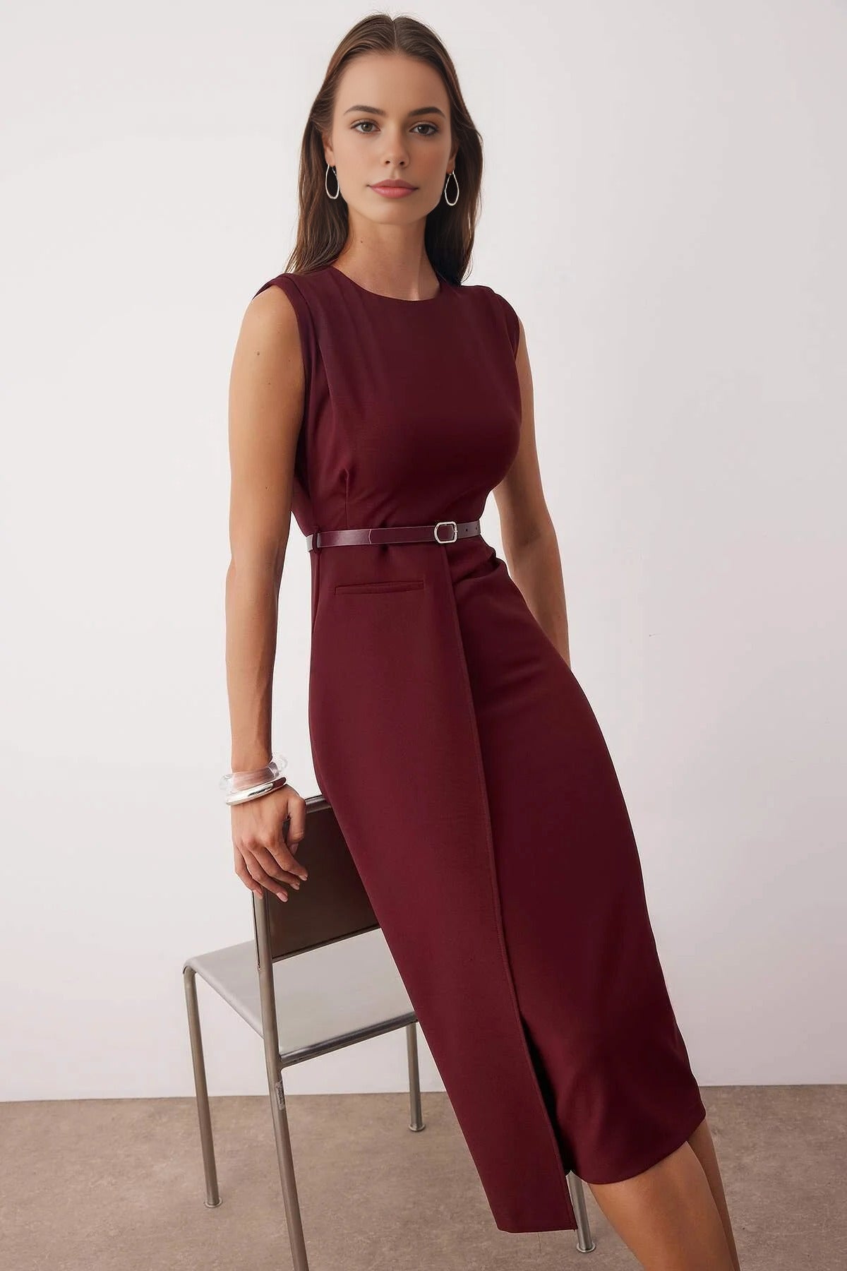 Belt Detailed Woven Midi Dress