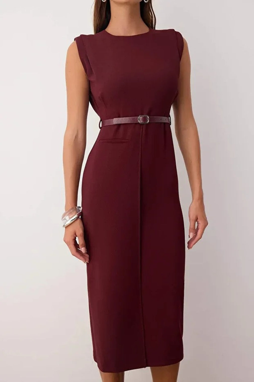 Belt Detailed Woven Midi Dress