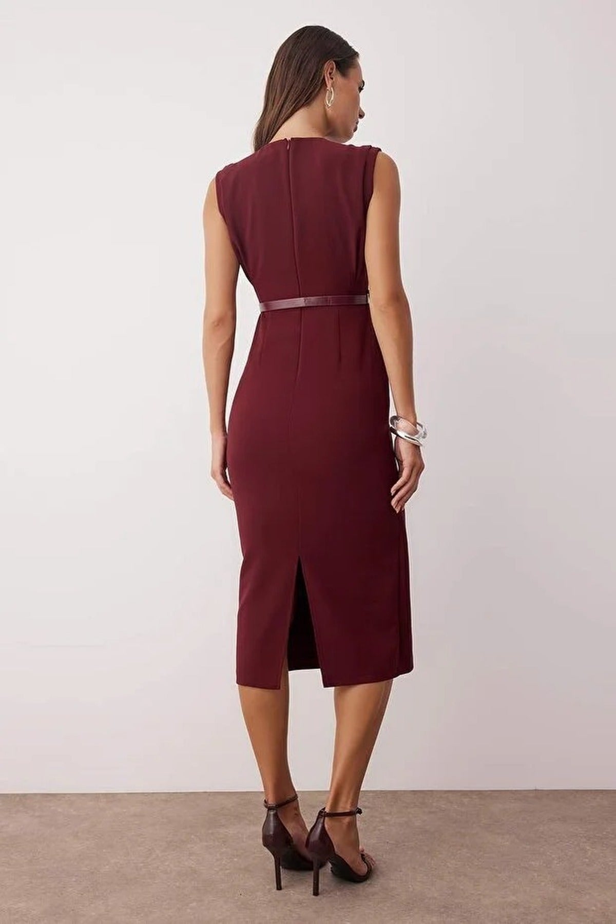 Belt Detailed Woven Midi Dress