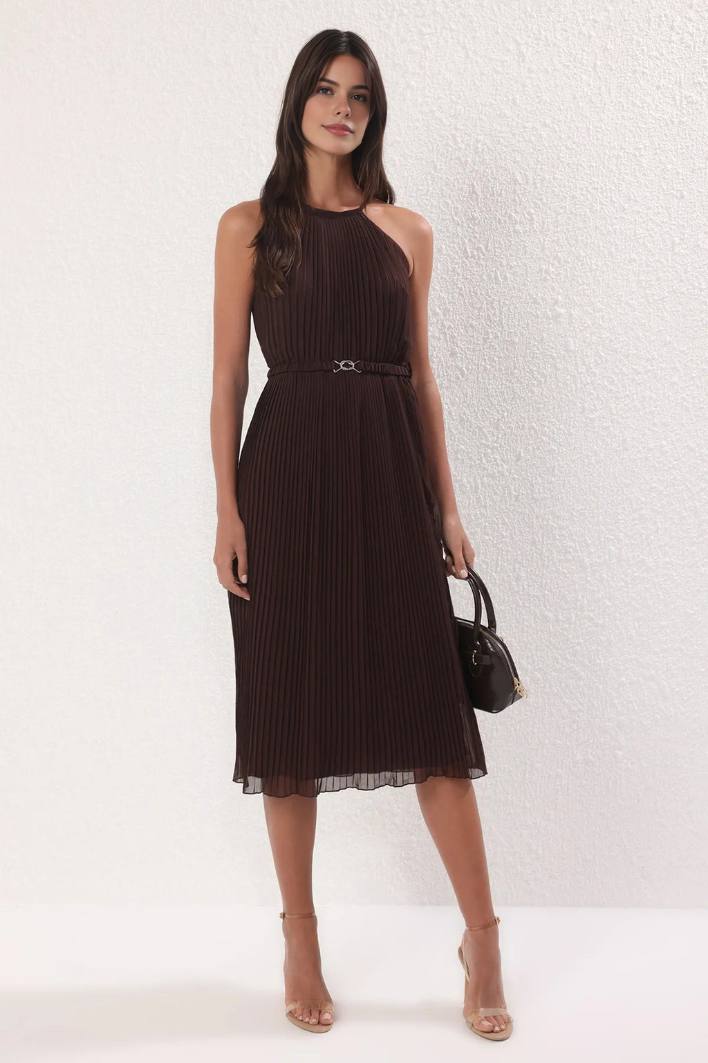 Pleated Chiffon Flowing Woven Midi Dress with Belt