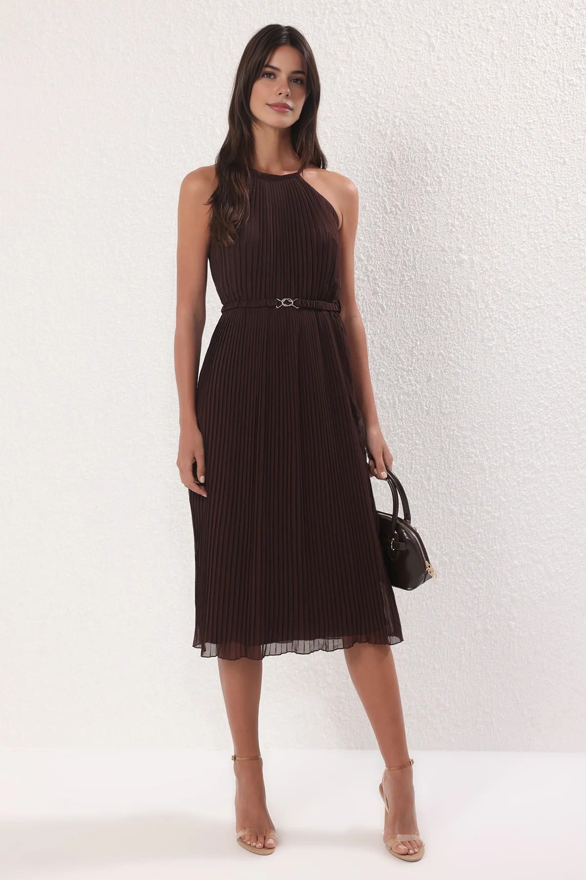 Pleated Chiffon Flowing Woven Midi Dress with Belt