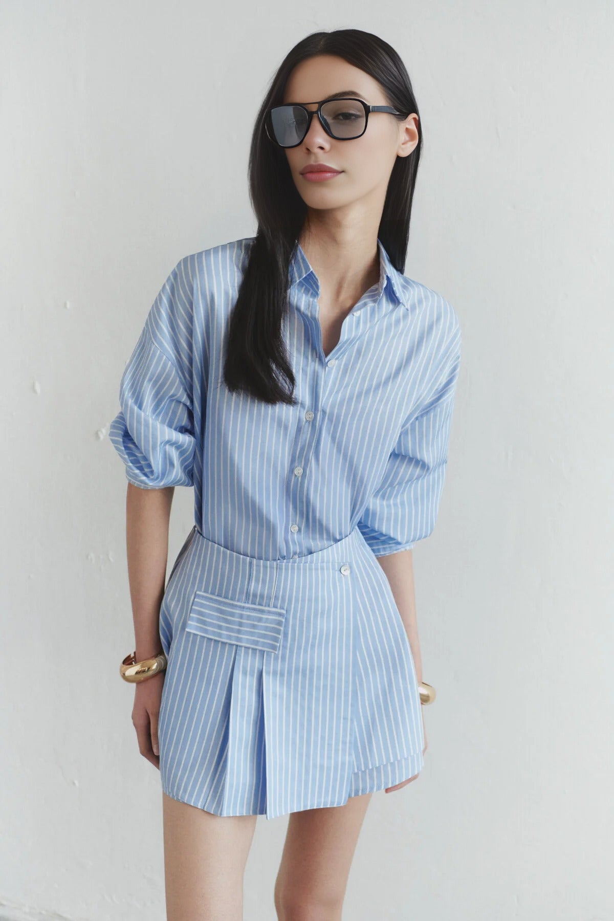 Striped Mini Woven Dress with Shirt Detail