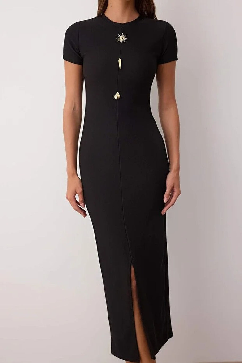 Ottoman Stand Collar Midi Knit Dress with Button Detail