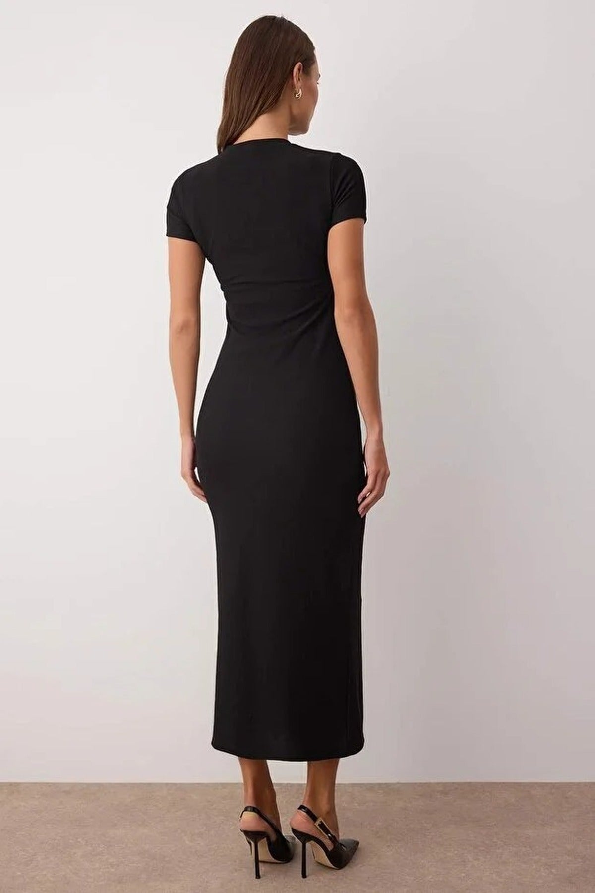 Ottoman Stand Collar Midi Knit Dress with Button Detail