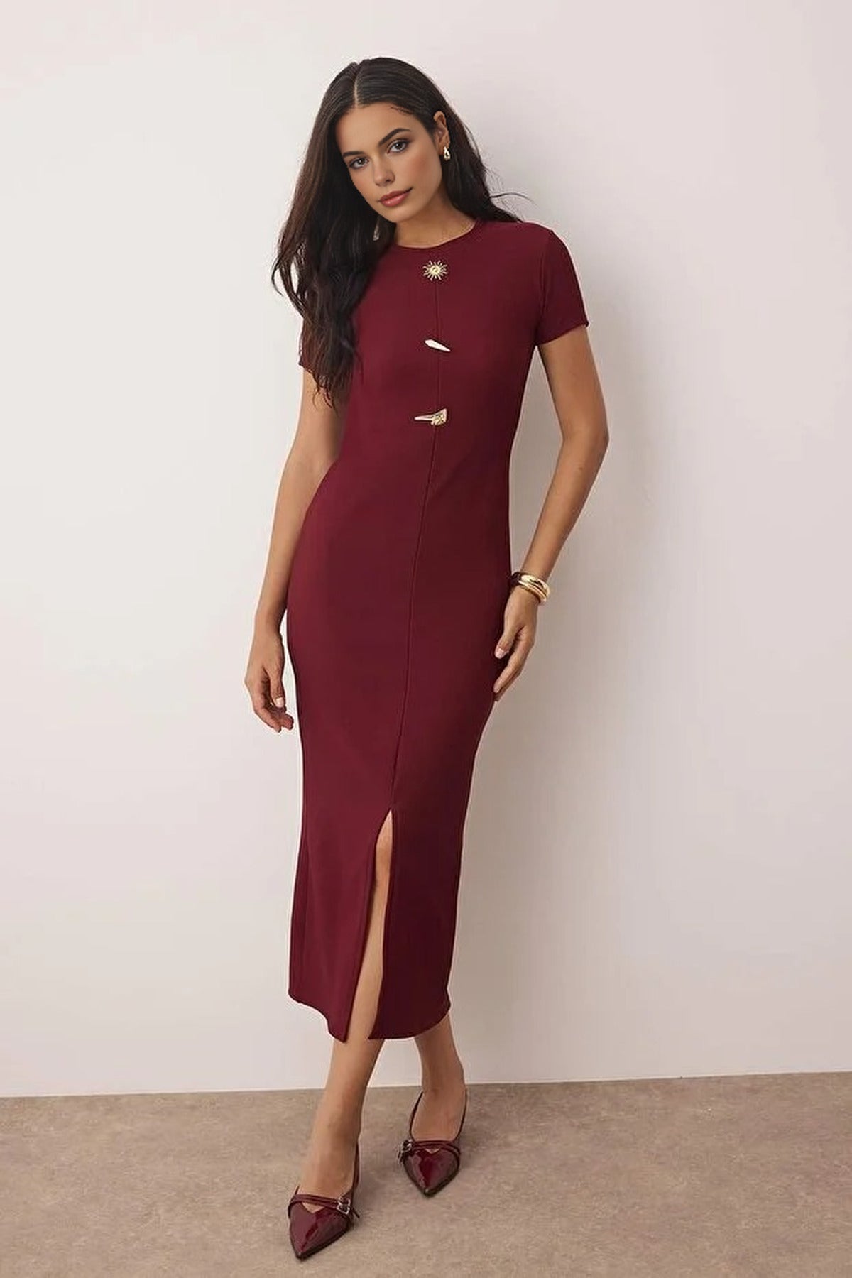 Ottoman Stand Collar Midi Knit Dress with Button Detail