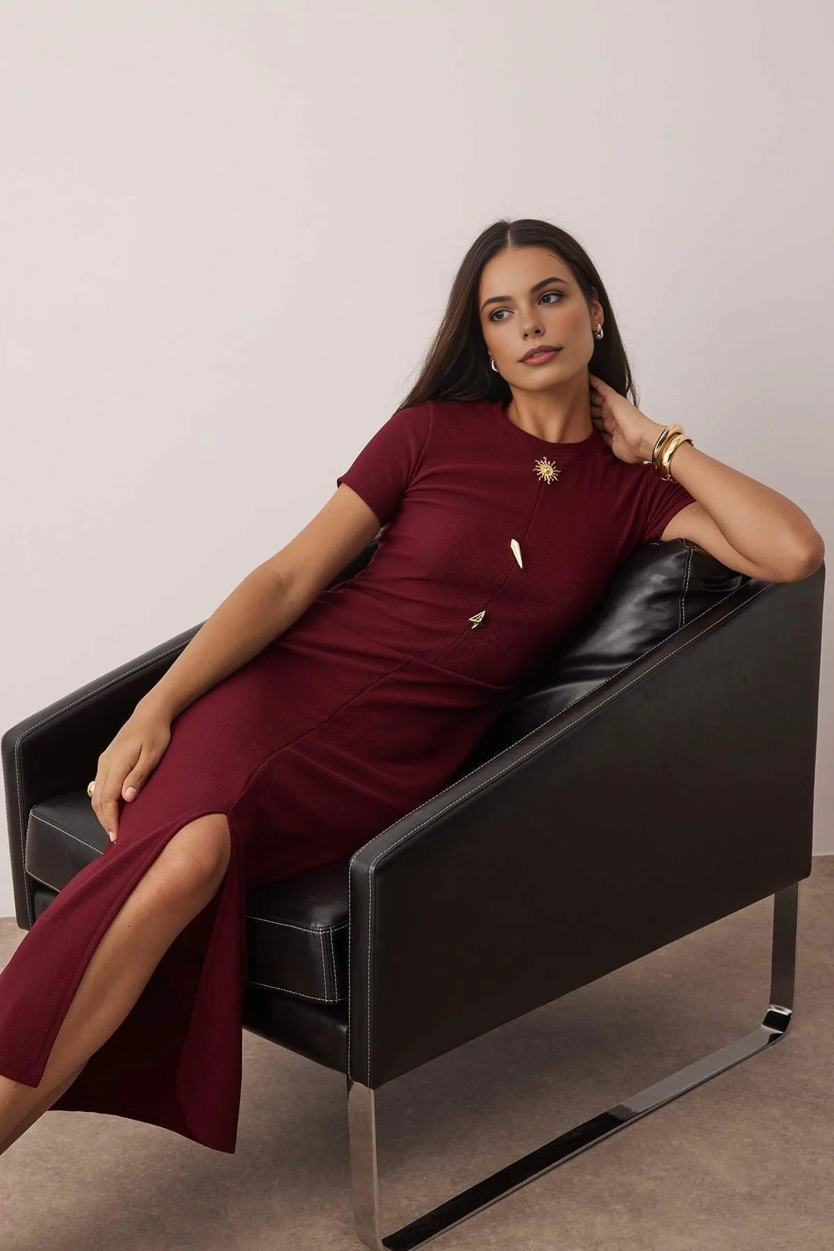 Ottoman Stand Collar Midi Knit Dress with Button Detail