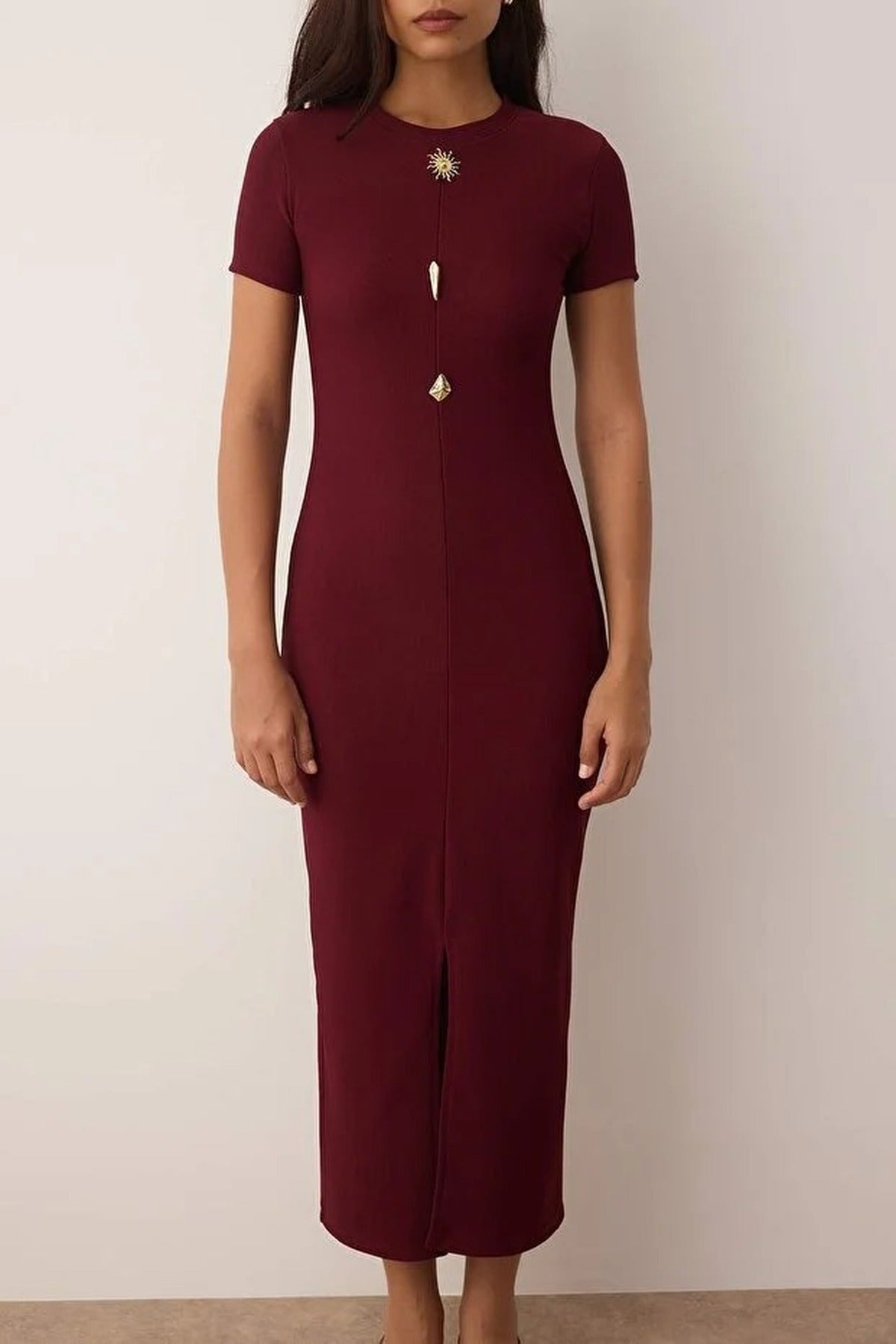 Ottoman Stand Collar Midi Knit Dress with Button Detail