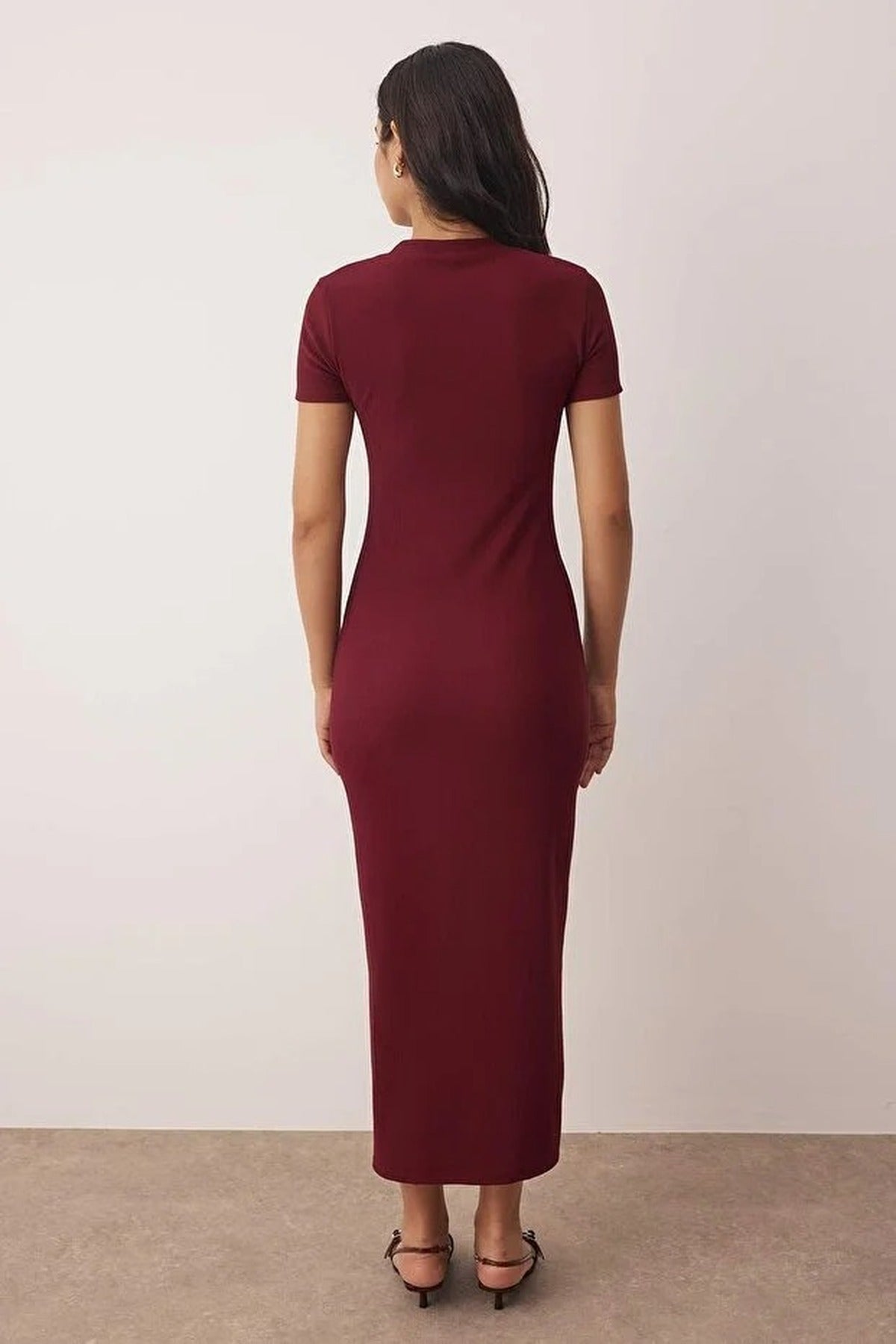 Ottoman Stand Collar Midi Knit Dress with Button Detail